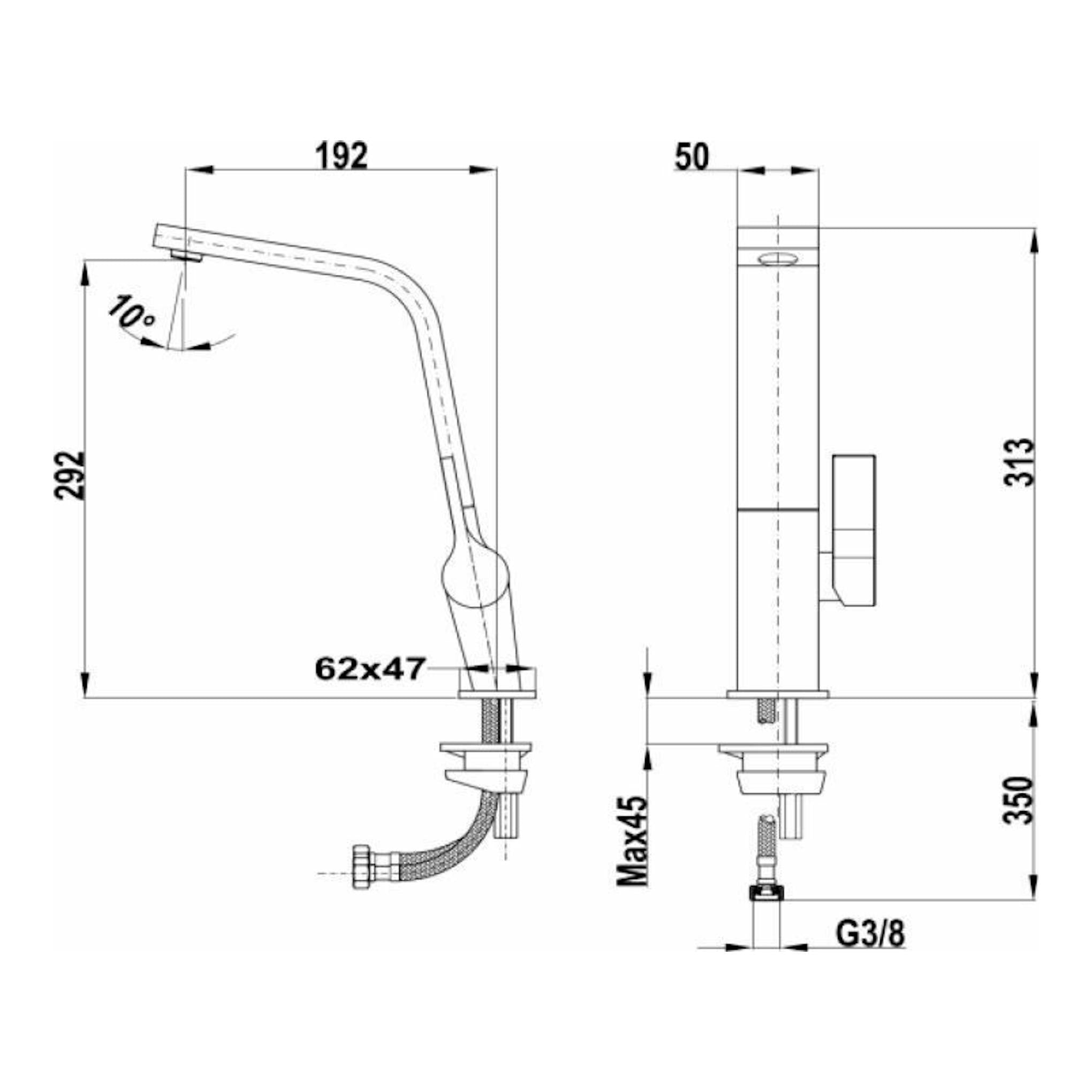 Grifo Teka ICC915 Titanium, dibujo técnico en vistas lateral y frontal, acabado gris.