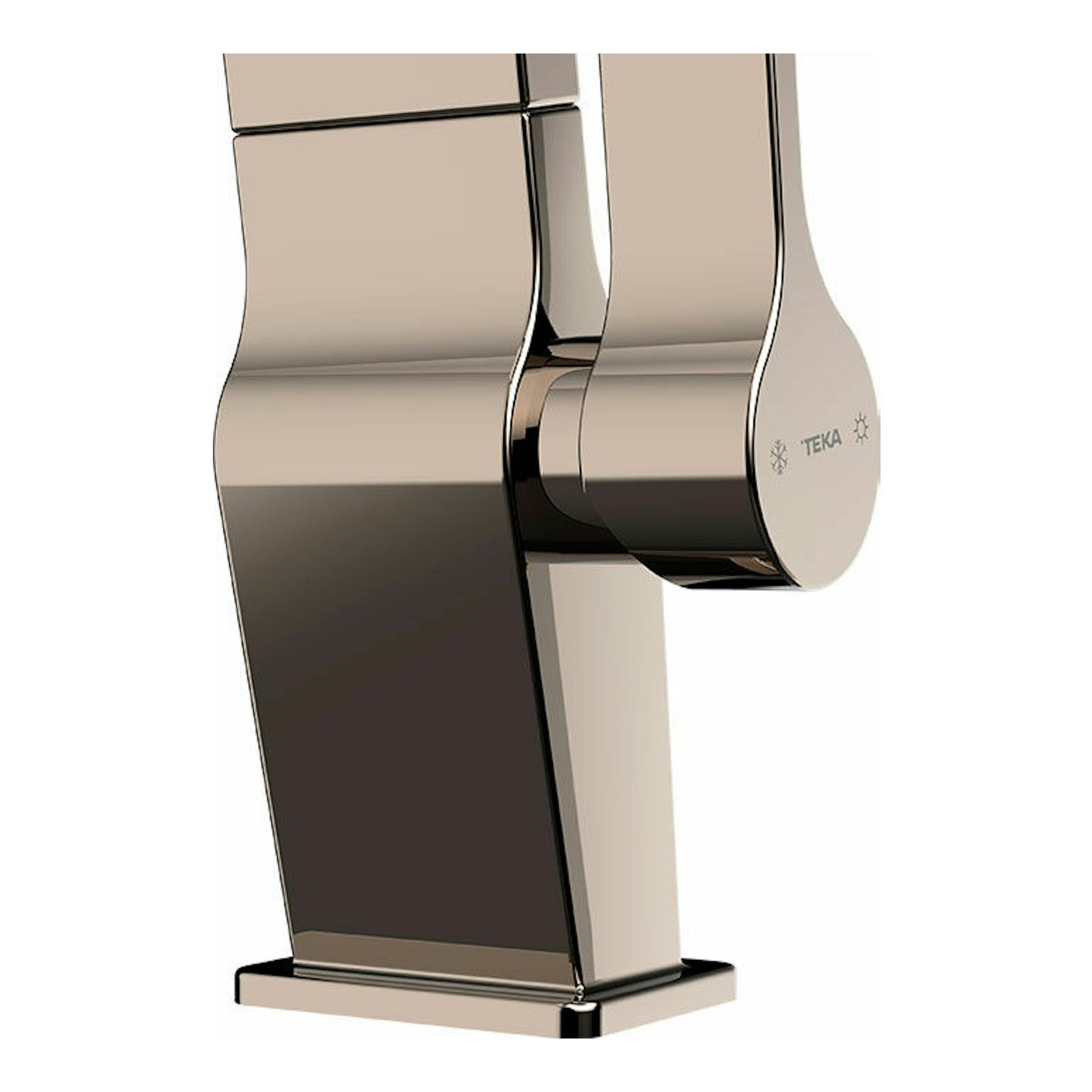 Grifo Teka ICC915 Titanium, vista frontal parcial en acabado metálico beige y base rectangular.