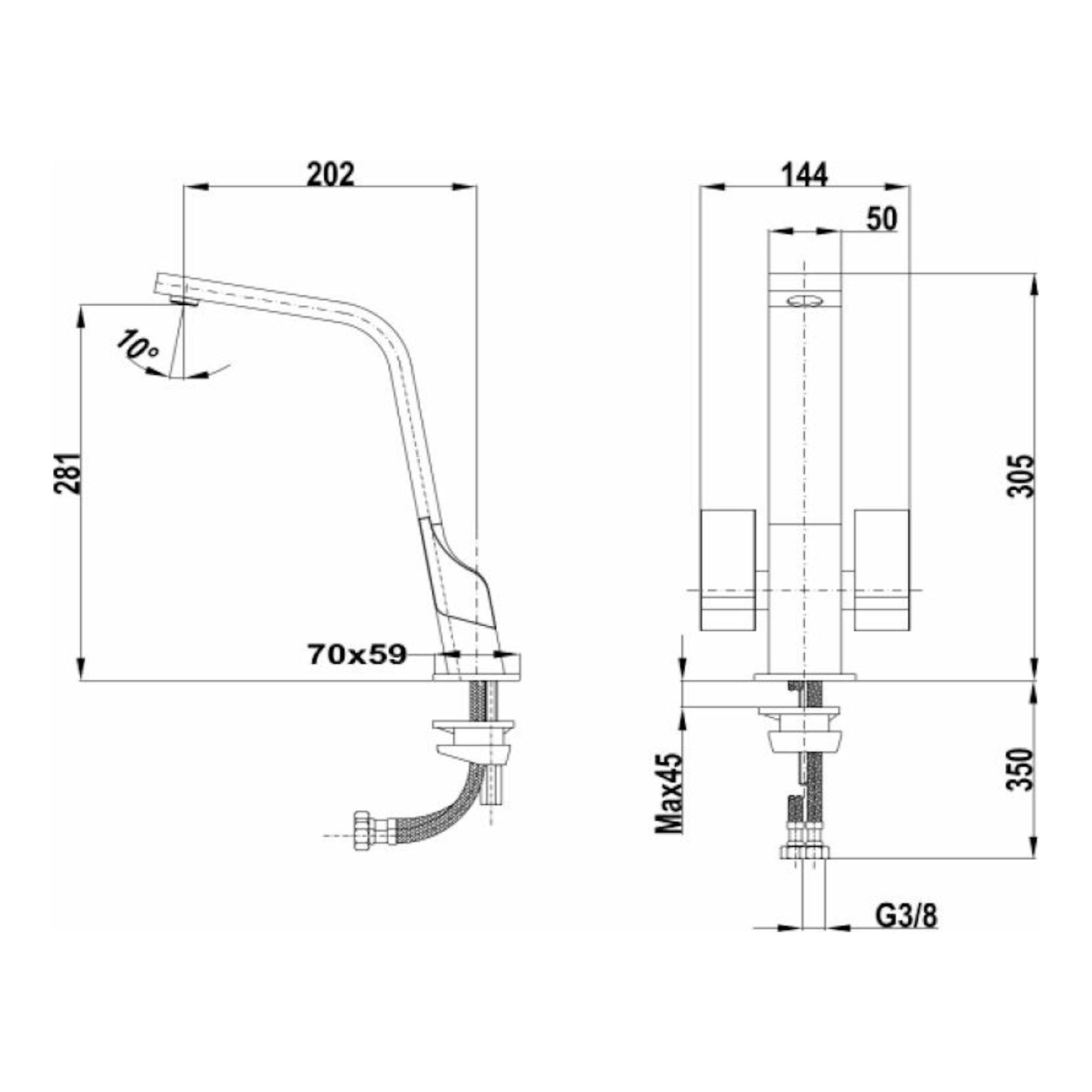 Grifo Teka ICT915 cromado, dibujo técnico en vista lateral y frontal con medidas.