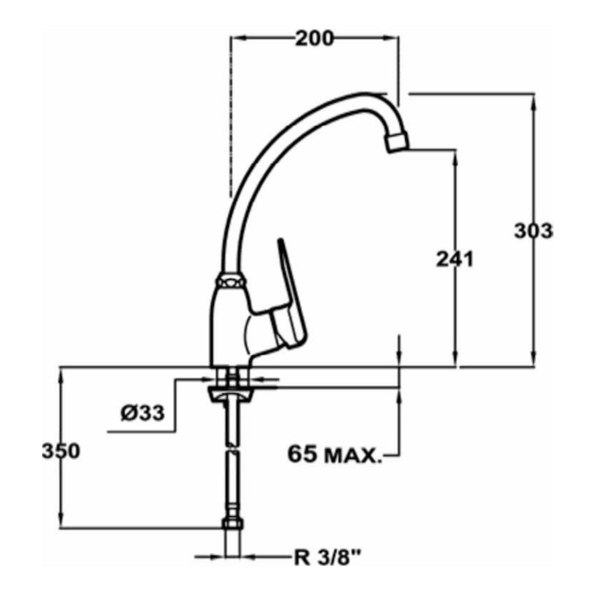 Grifo Teka IN912 cromado, vista lateral en dibujo técnico con brazo curvo y medidas.