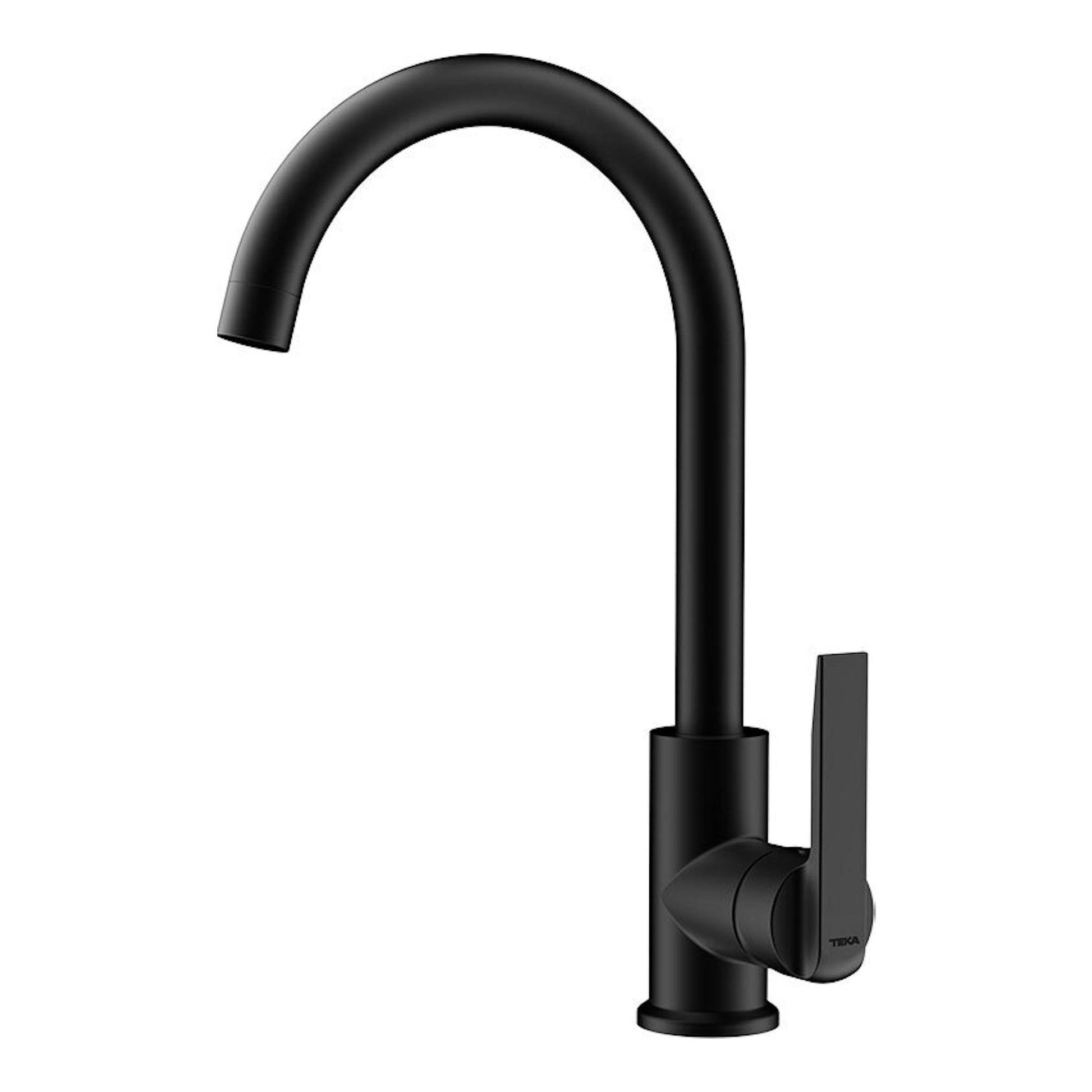 Grifo Teka IN915 negro, vista frontal, caño alto curvo y mando lateral.