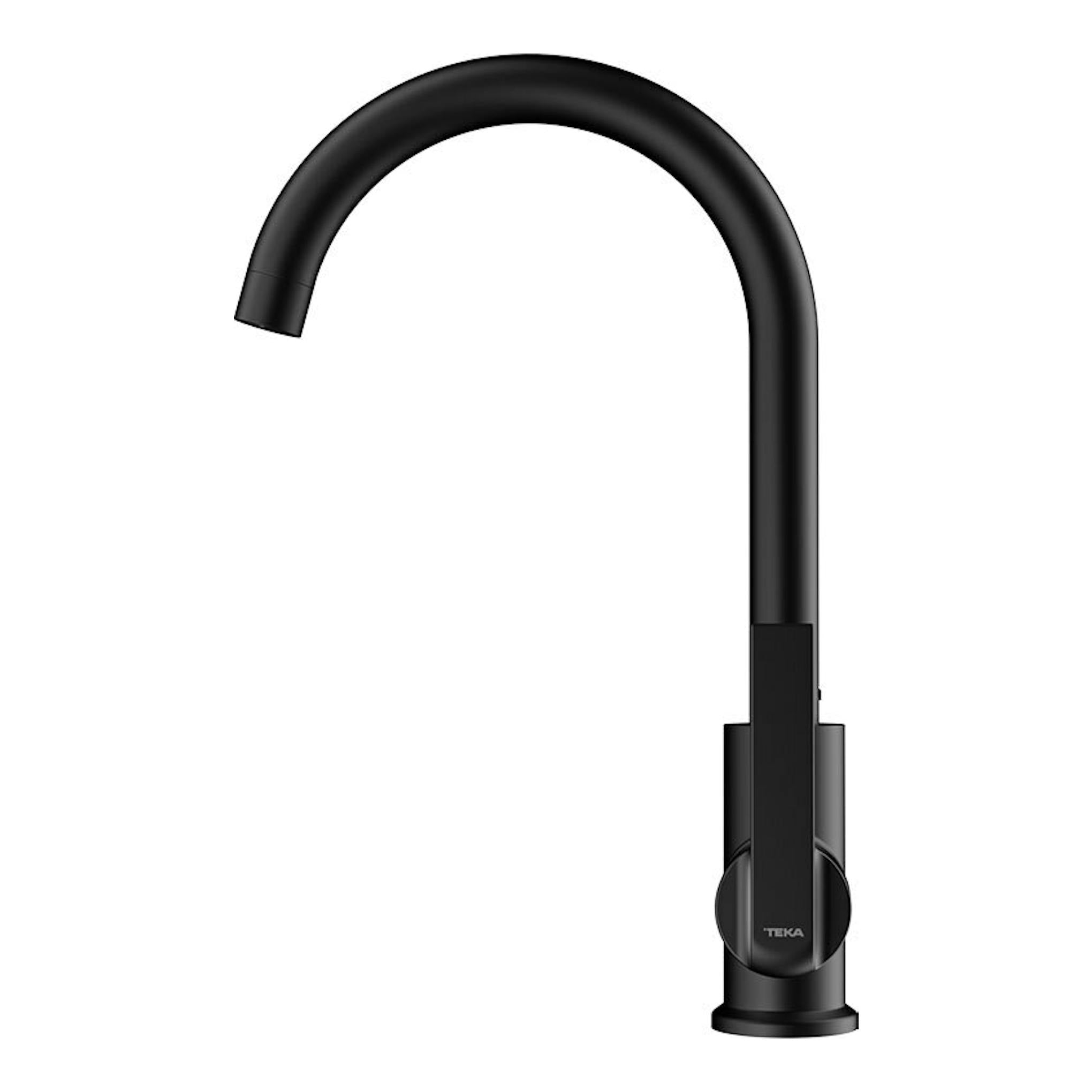 Grifo de cocina Teka IN915 negro, vista frontal, caño alto curvado y mando monomando.