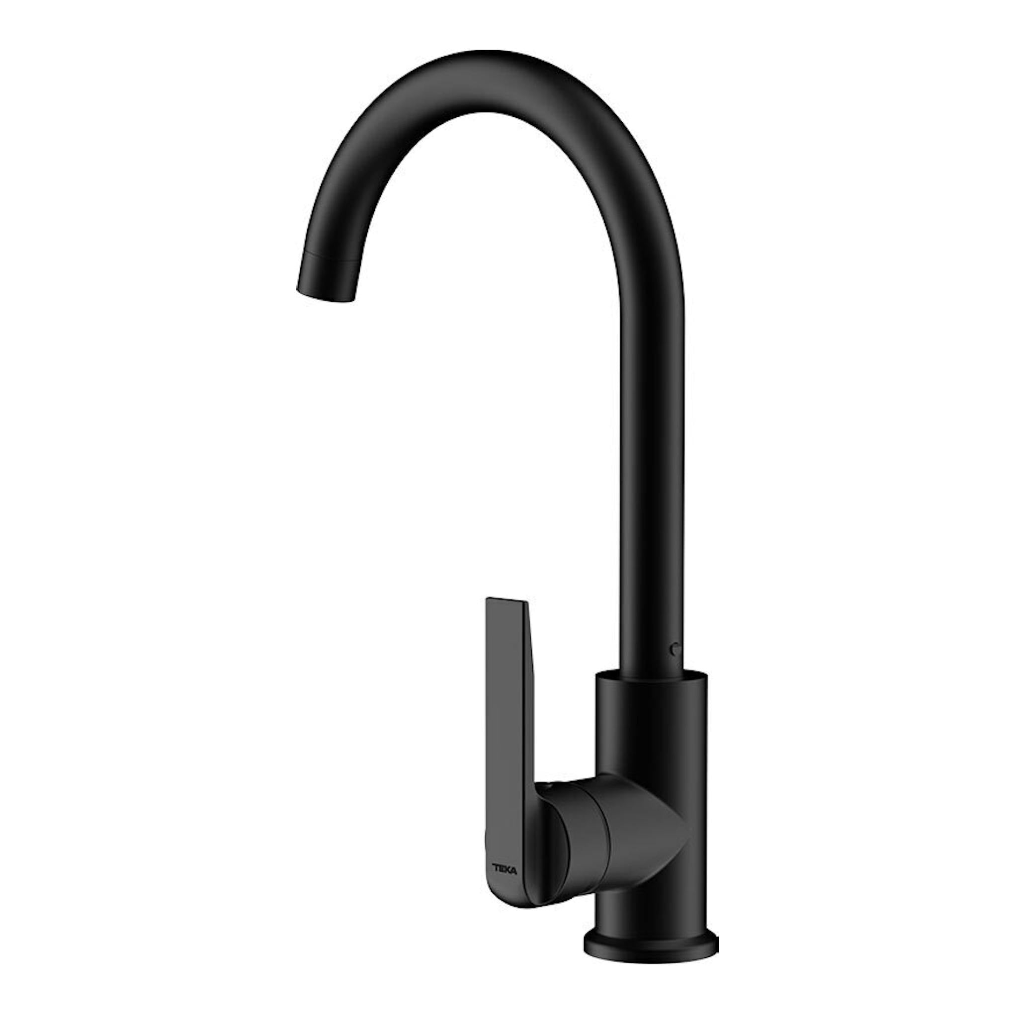 Grifo de cocina Teka IN915 negro, vista frontal, caño alto curvado y mando lateral.