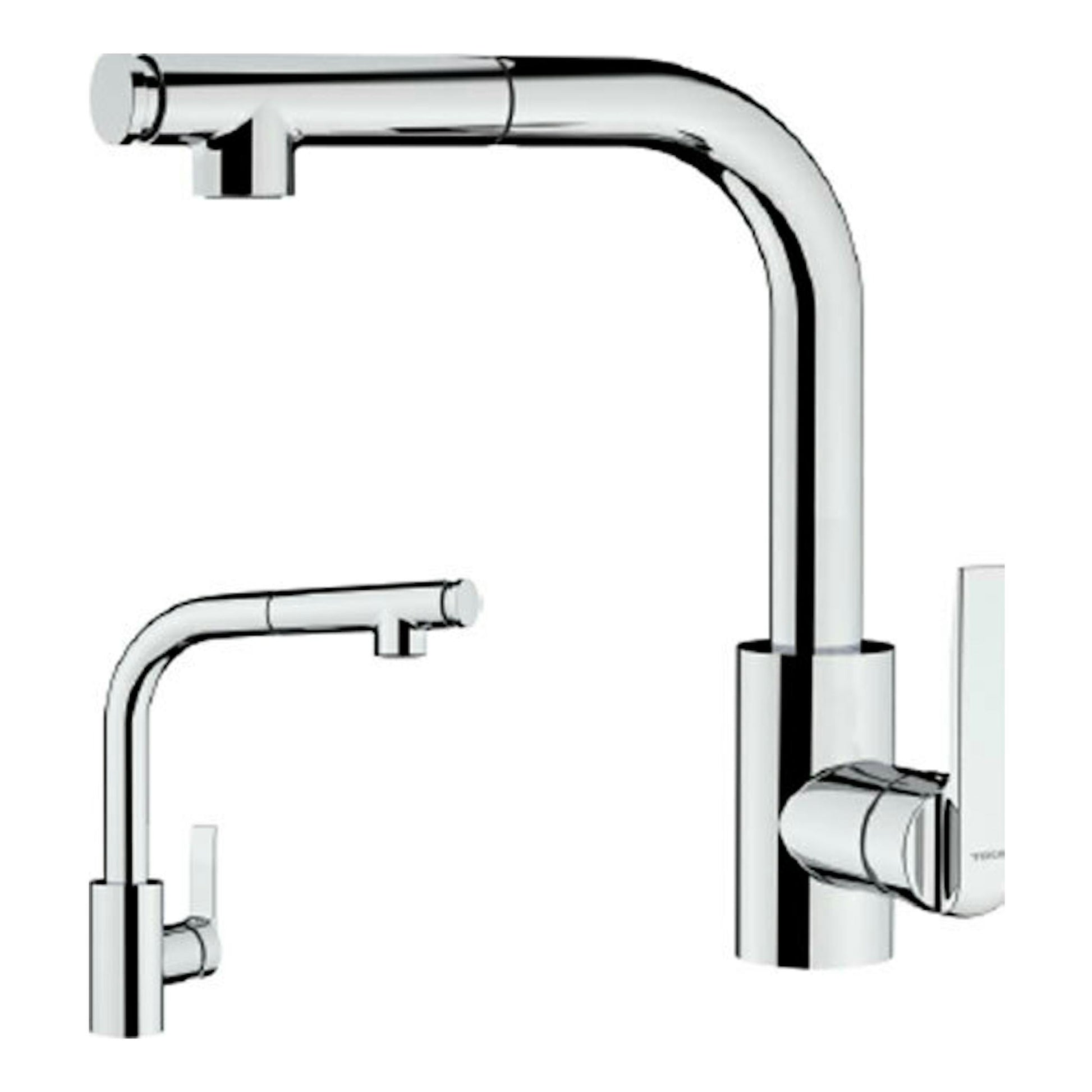 Grifo Teka IN938PLUS cromado, vista frontal y lateral, con caño alto en forma de L y mando monomando.