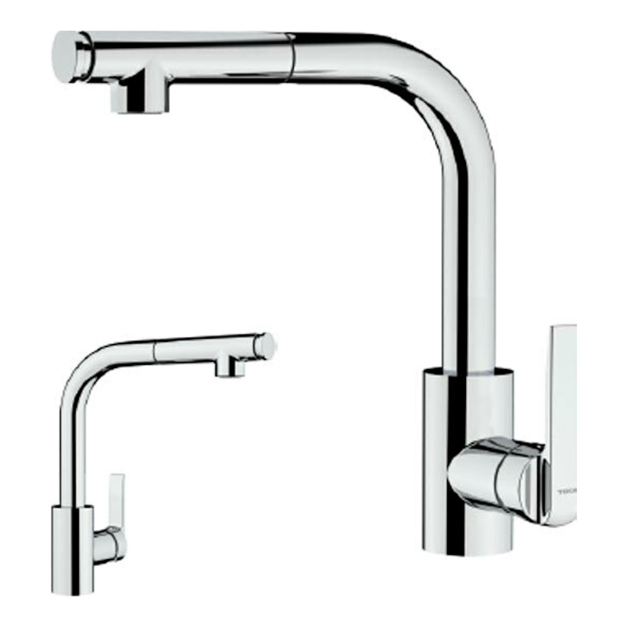 Grifo Teka IN938PLUS cromado, vista frontal y lateral, con caño alto en forma de L y mando monomando.