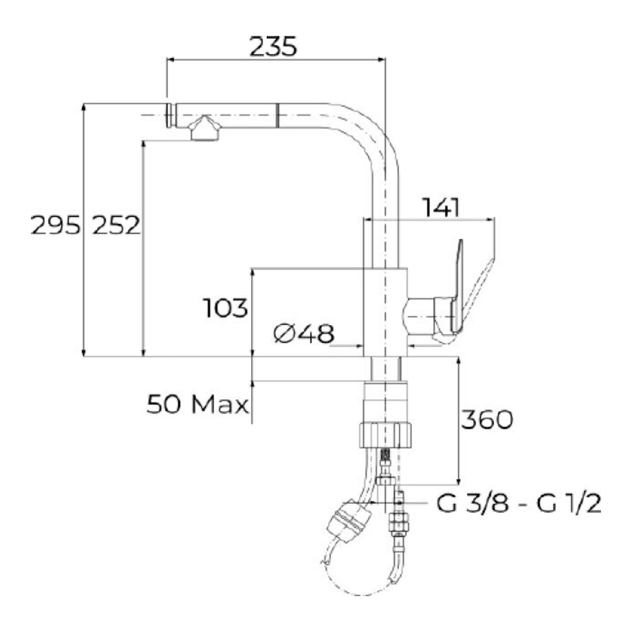 Grifo Teka IN938PLUS, dibujo técnico lateral en blanco y negro con medidas y conexiones.