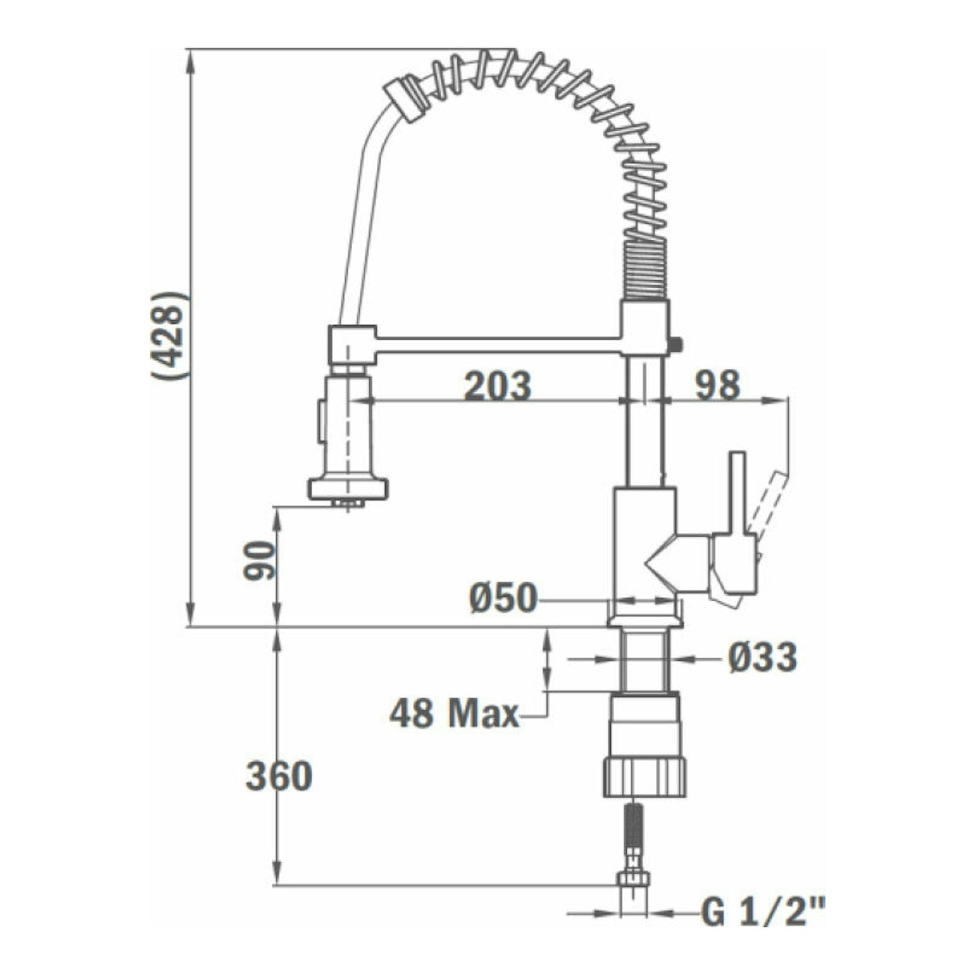Grifo Teka IN939 cromado, vista lateral en dibujo técnico con medidas y manguera flexible.