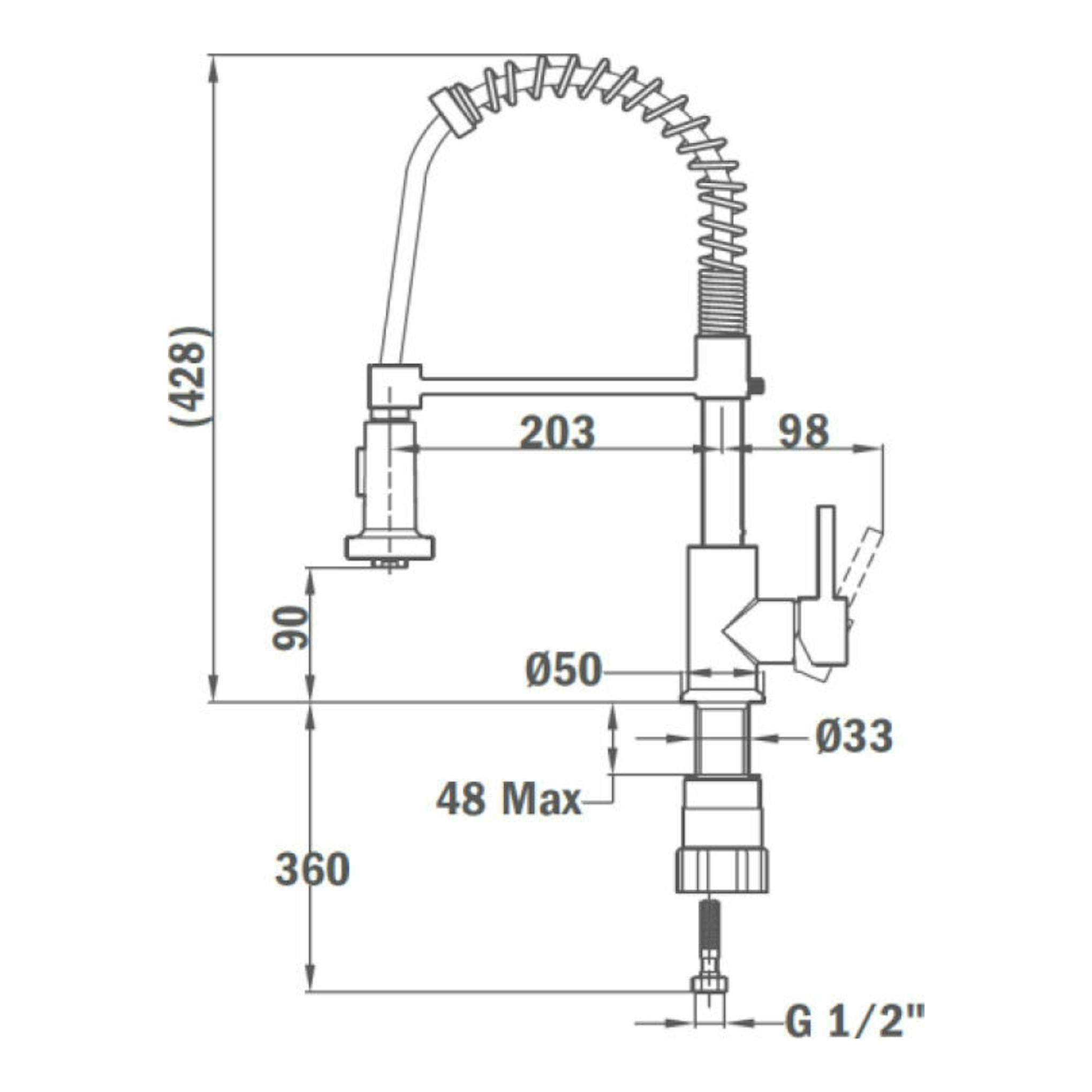 Grifo Teka IN939 cromado, vista lateral en dibujo técnico con medidas y manguera flexible.