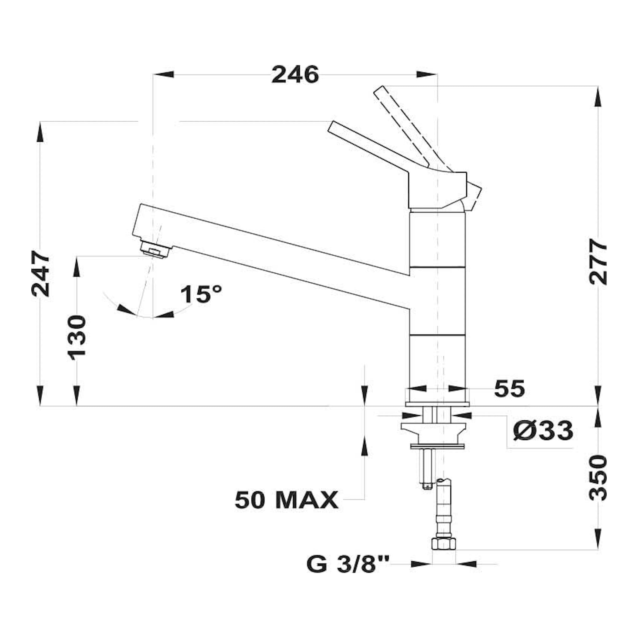 Grifo Teka IN993 cromado, vista lateral técnica con medidas y caño inclinado.