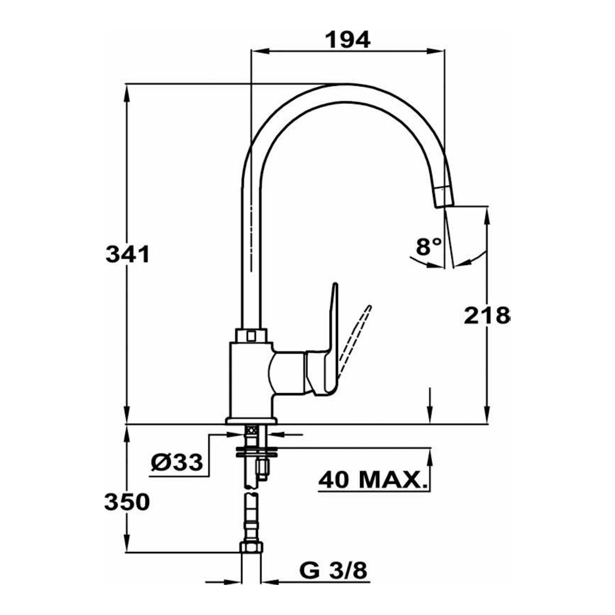 Dibujo técnico del grifo Teka IN995 cromado, vista lateral, con medidas y conexión G 3/8.