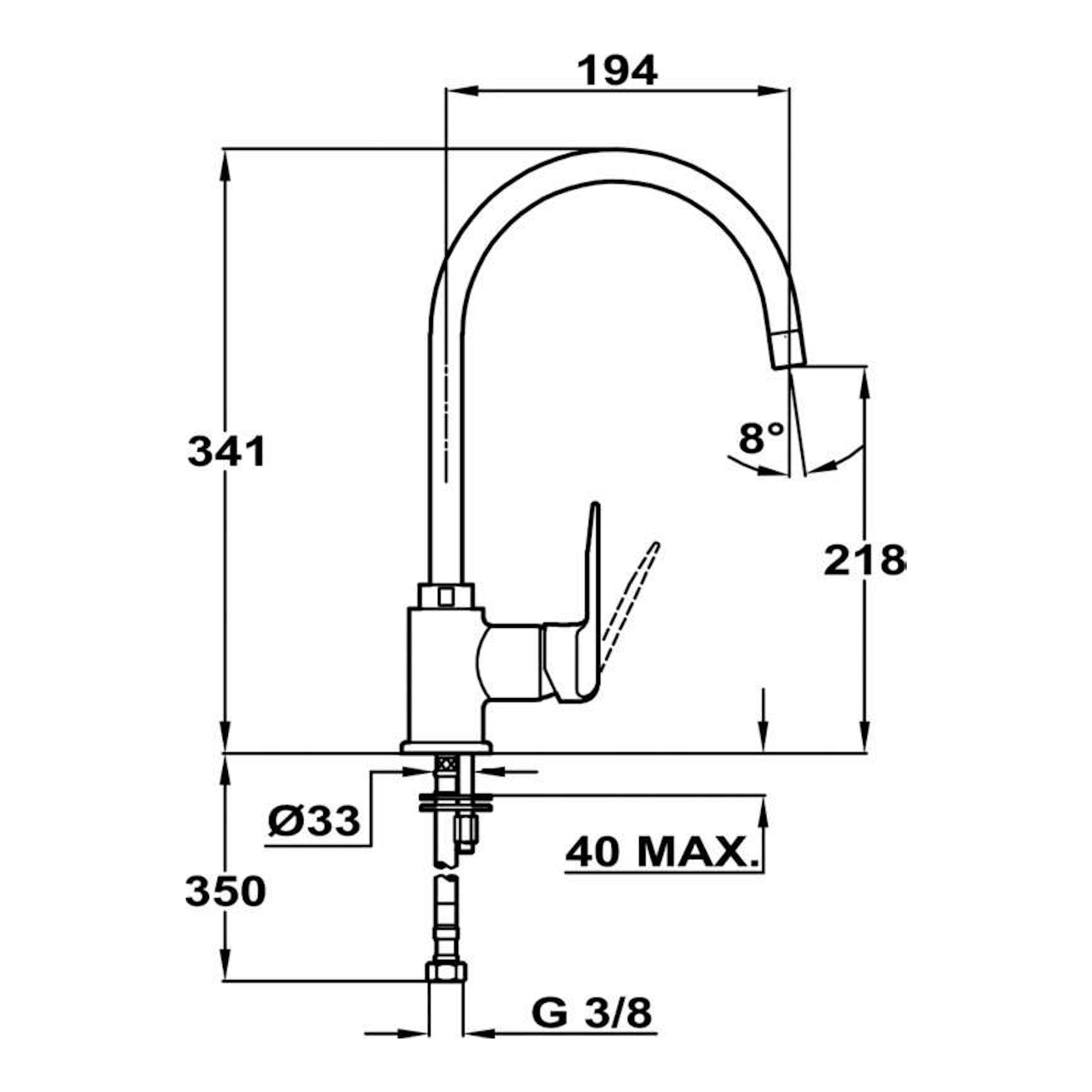 Grifo Teka IN995, vista lateral en dibujo técnico blanco y negro con caño alto curvo y medidas.