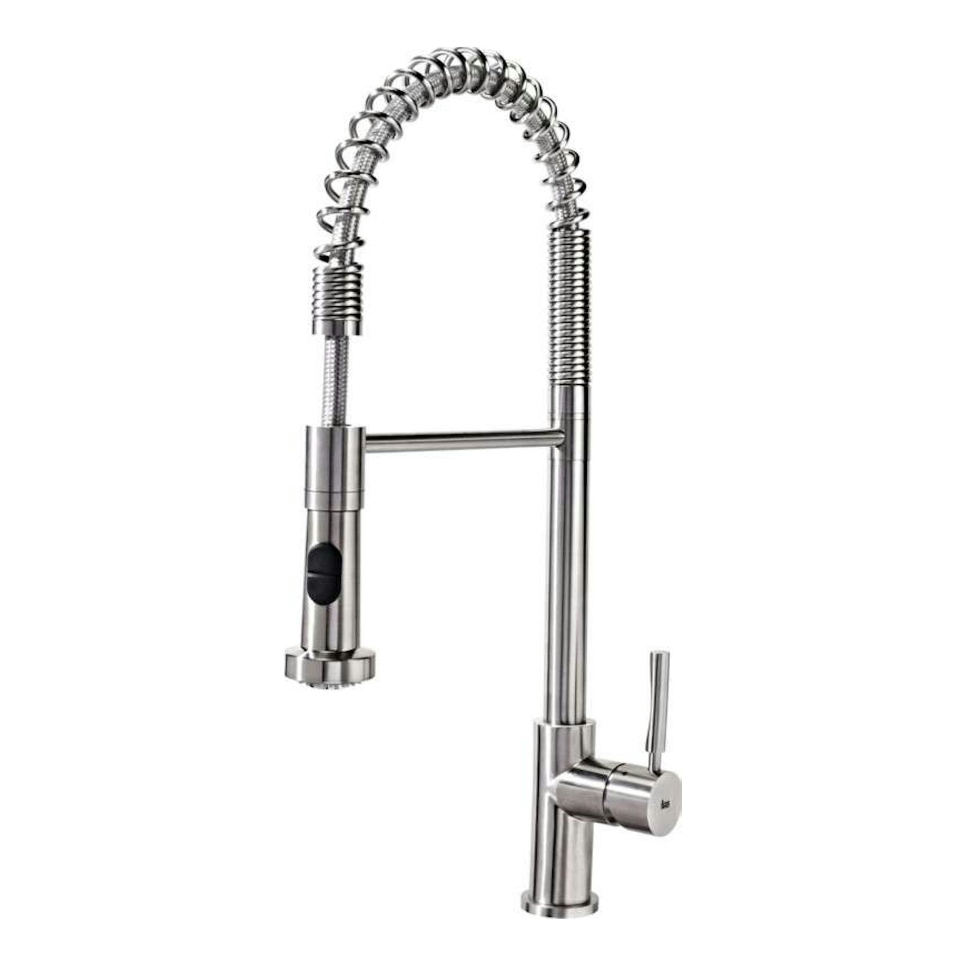 Grifo de cocina Teka INX939 inox, vista frontal, acabado acero inoxidable, caño alto con muelle y mando lateral.