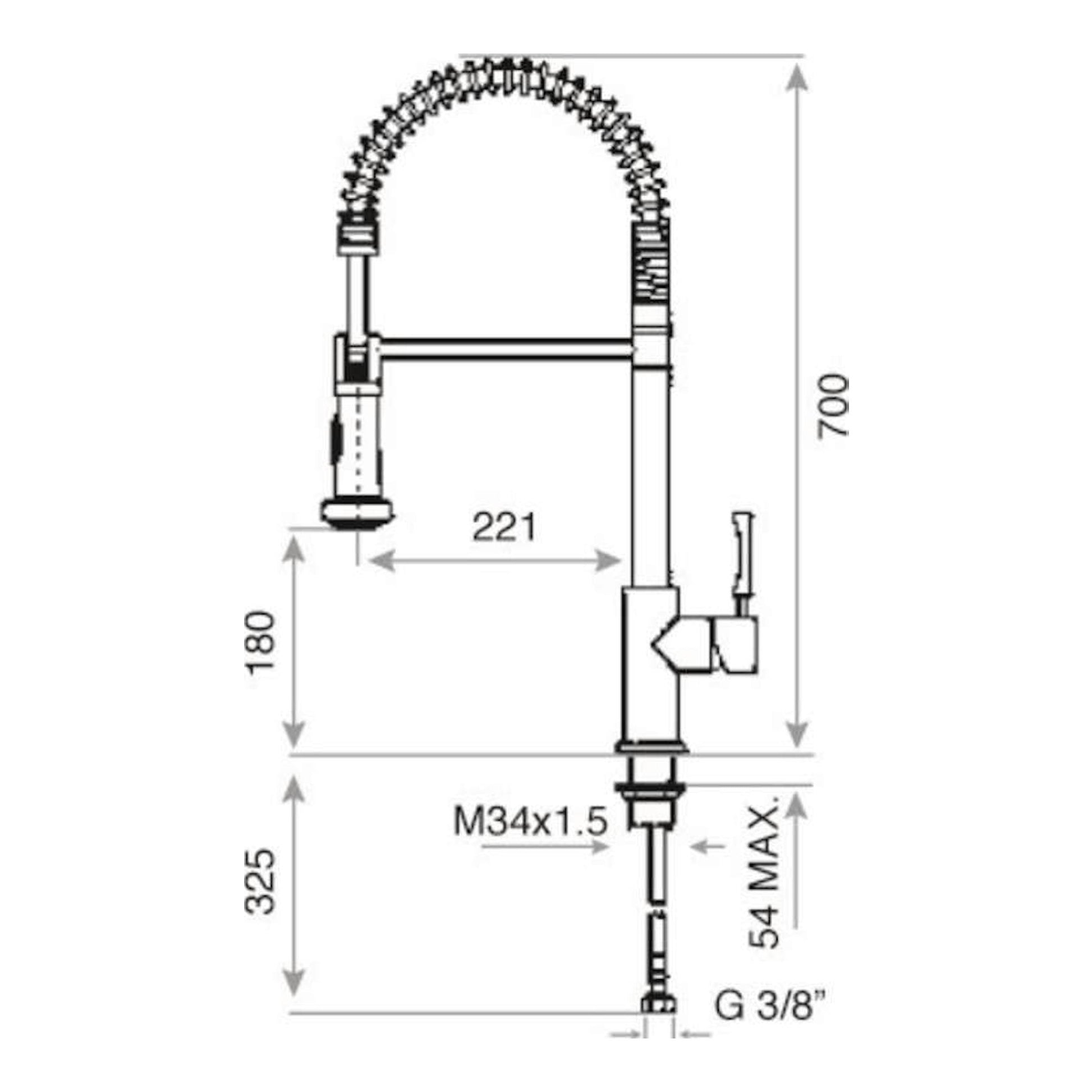 Grifo Teka INX939 Inox, dibujo técnico frontal de grifo de cocina curvo con medidas y conexiones.