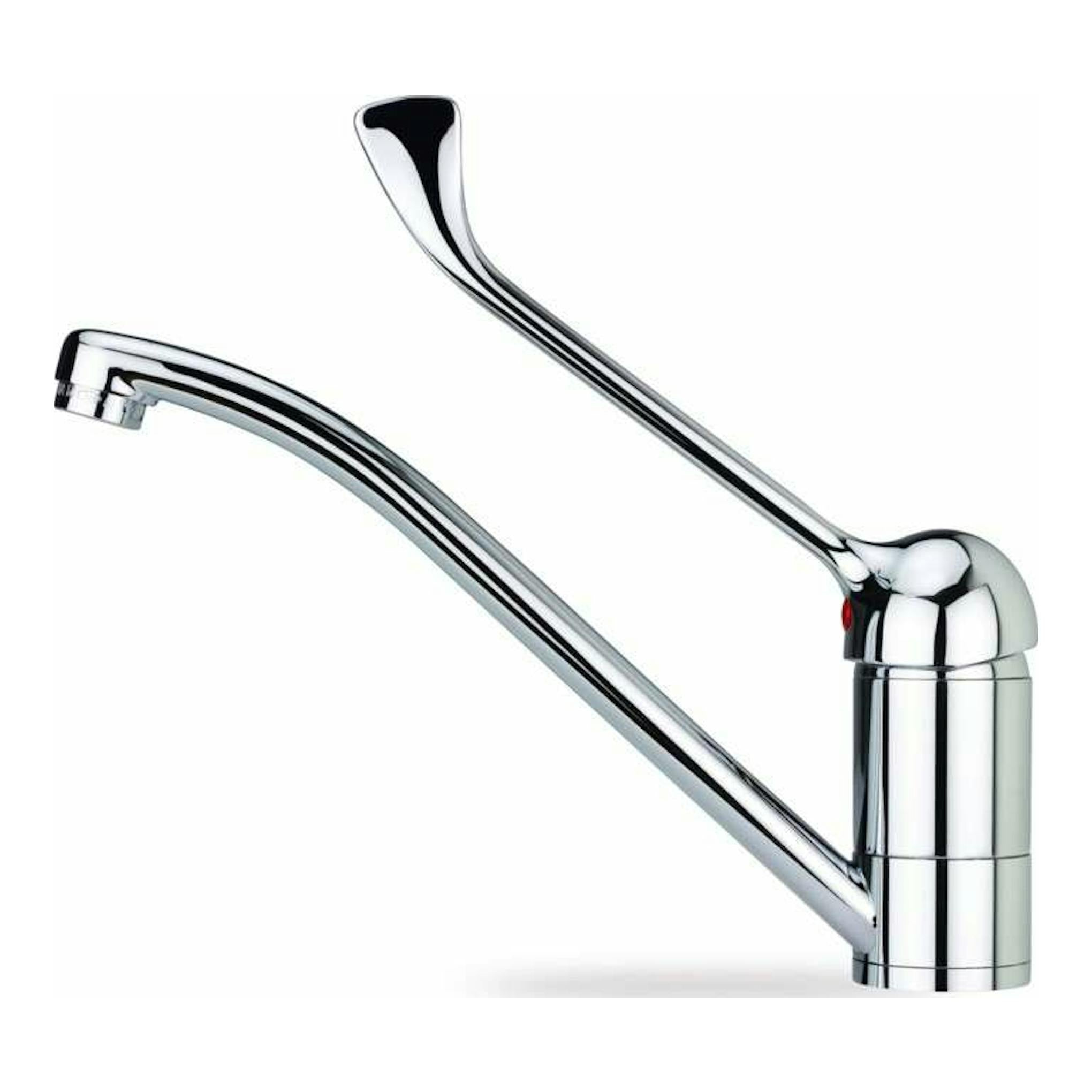 Grifo de cocina Teka MED913 cromado, vista lateral, con caño largo curvado y mando superior.