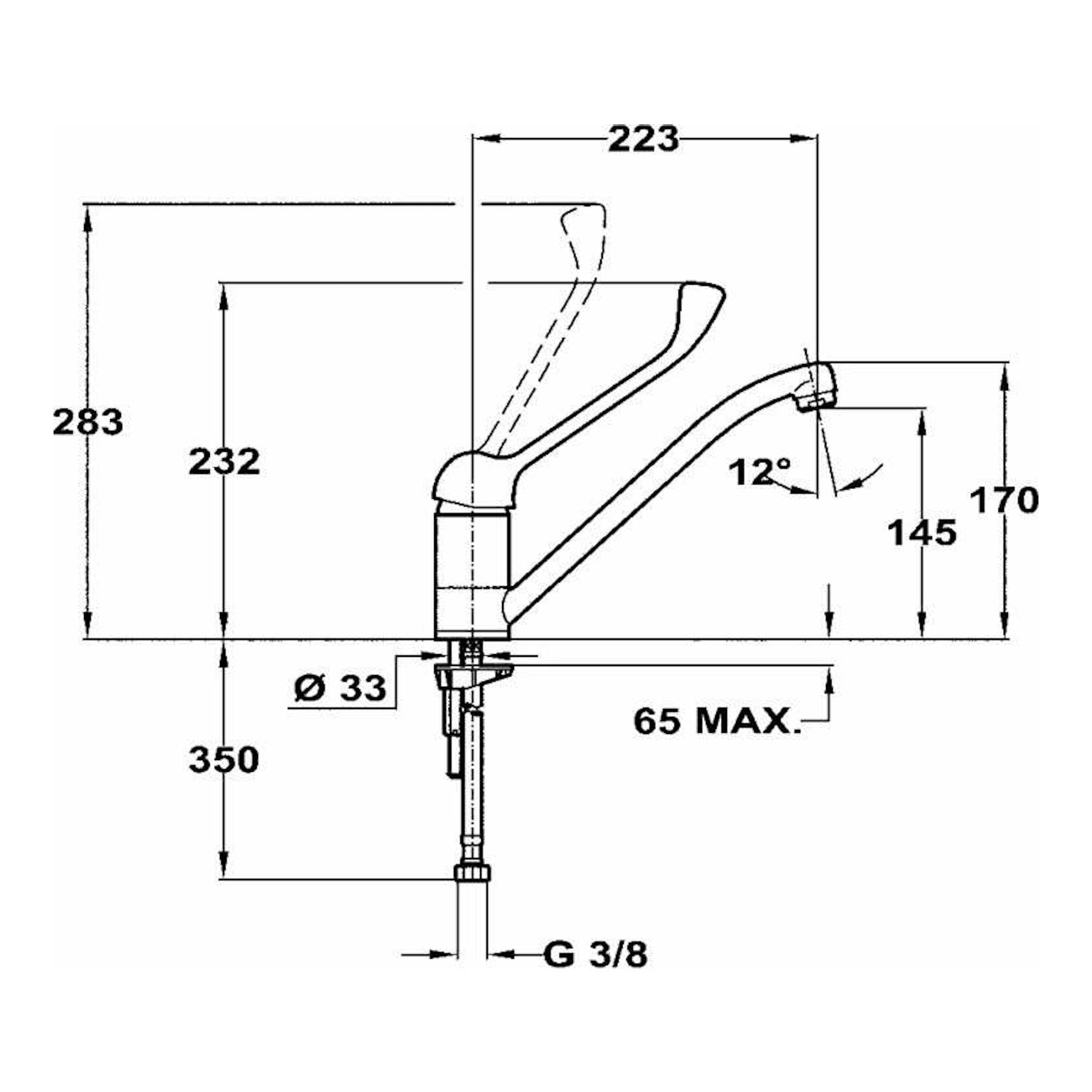 Dibujo técnico lateral del grifo Teka MED913 cromado, con medidas y conexión G 3/8.
