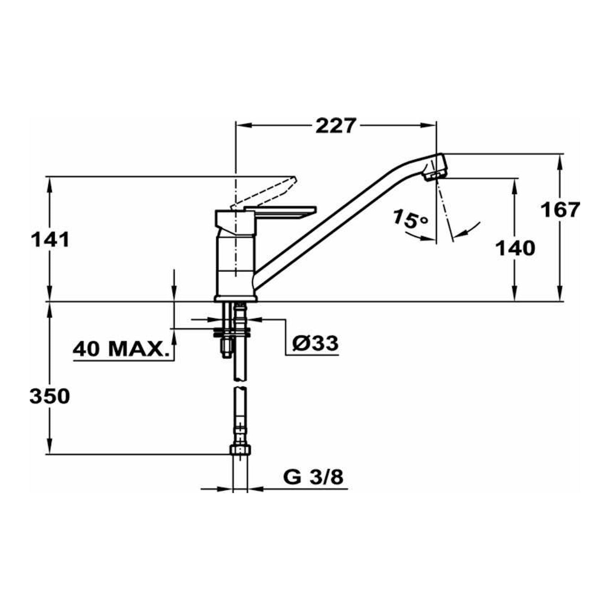 Grifo Teka ML cromado, vista lateral en dibujo técnico con medidas y caño giratorio.