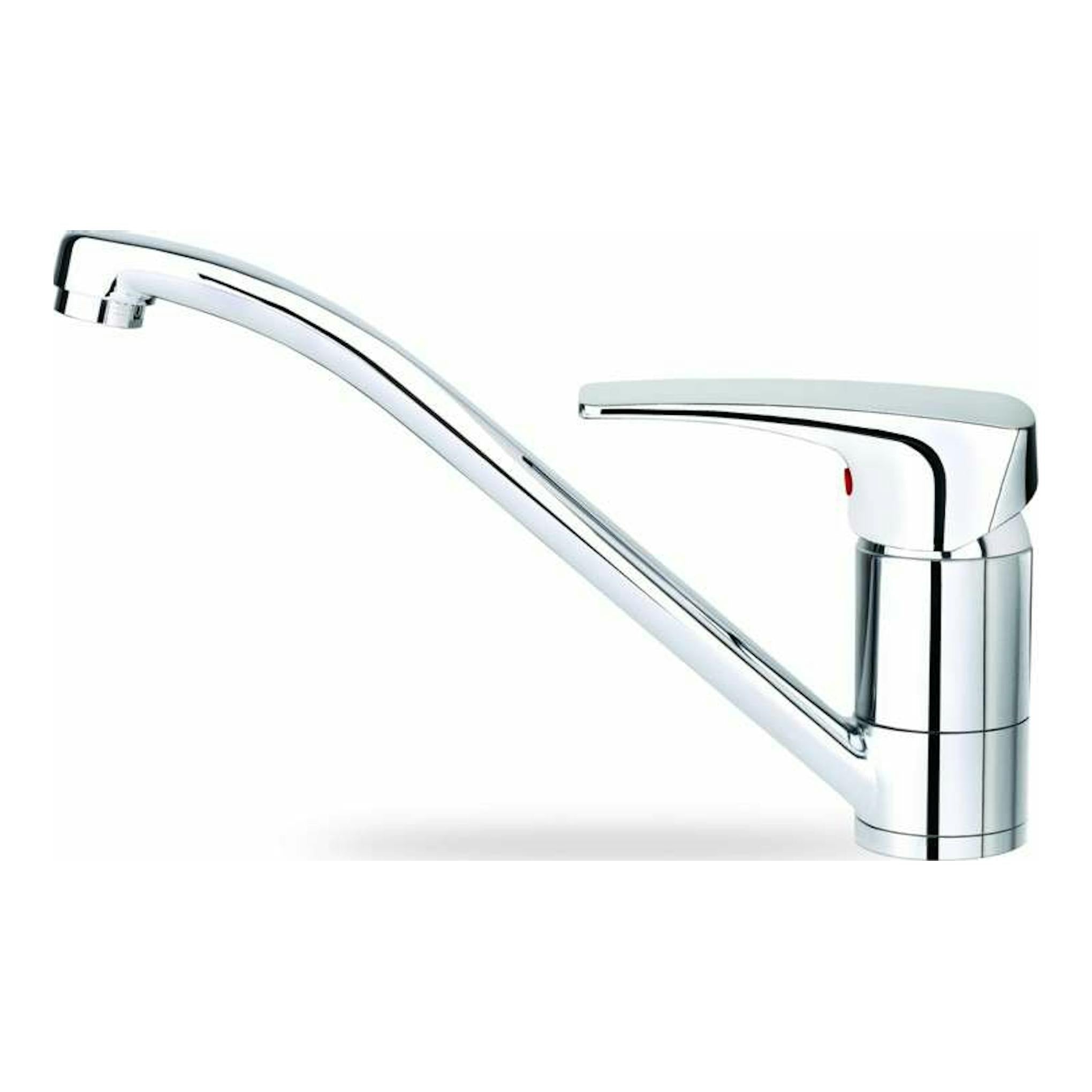 Grifo Teka MS1 cromado, vista lateral, con caño largo curvado y mando monomando sobre fondo blanco.