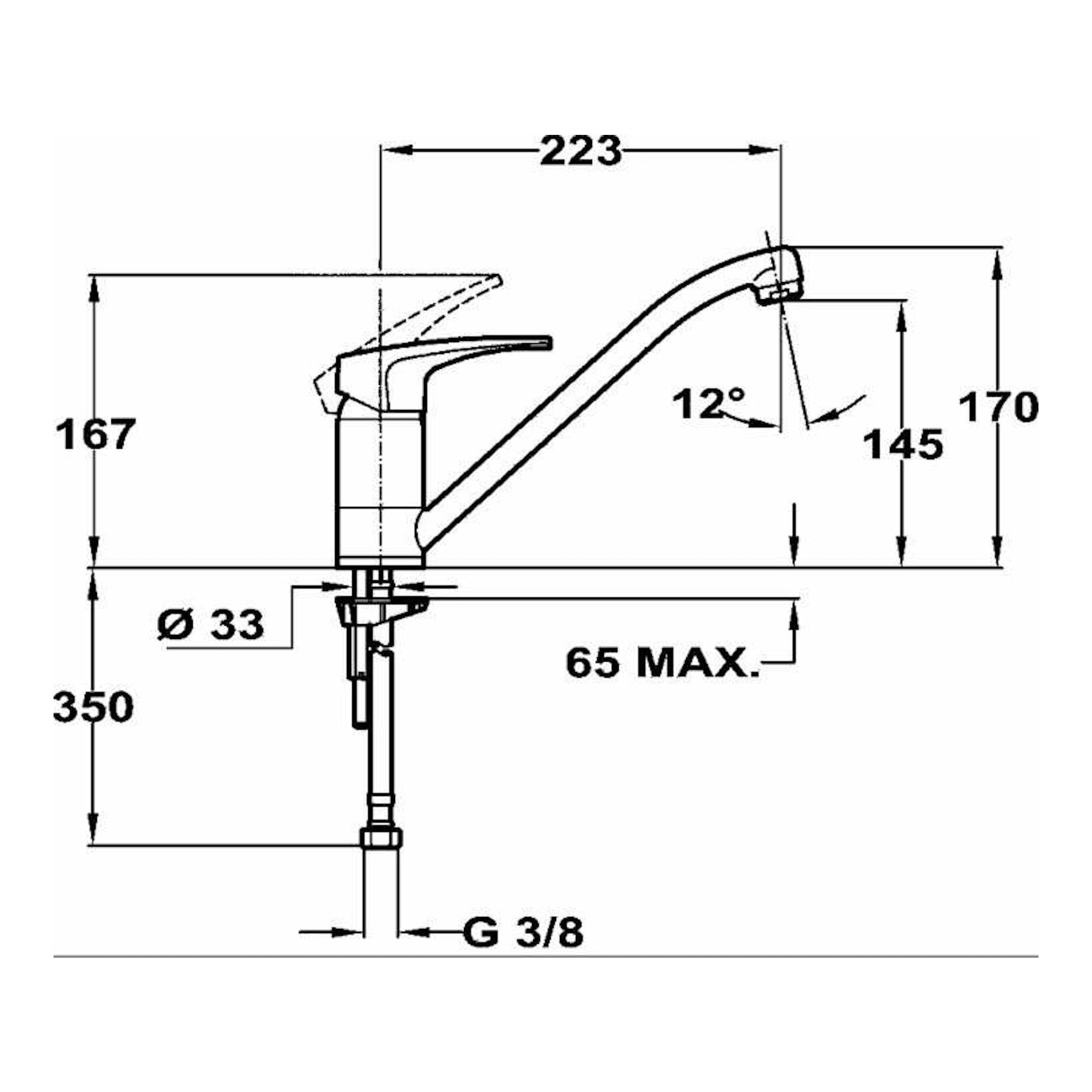 Grifo Teka MS1 cromado, vista lateral en esquema técnico con medidas y conexión inferior.