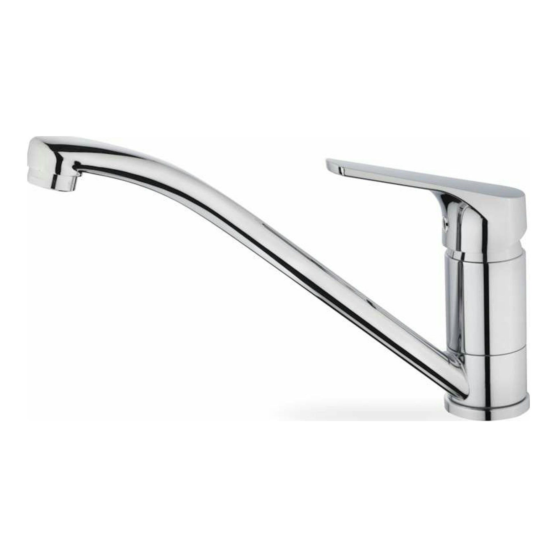 Grifo Teka MTP913 cromado, vista lateral, con caño curvo y una sola palanca sobre fondo blanco.