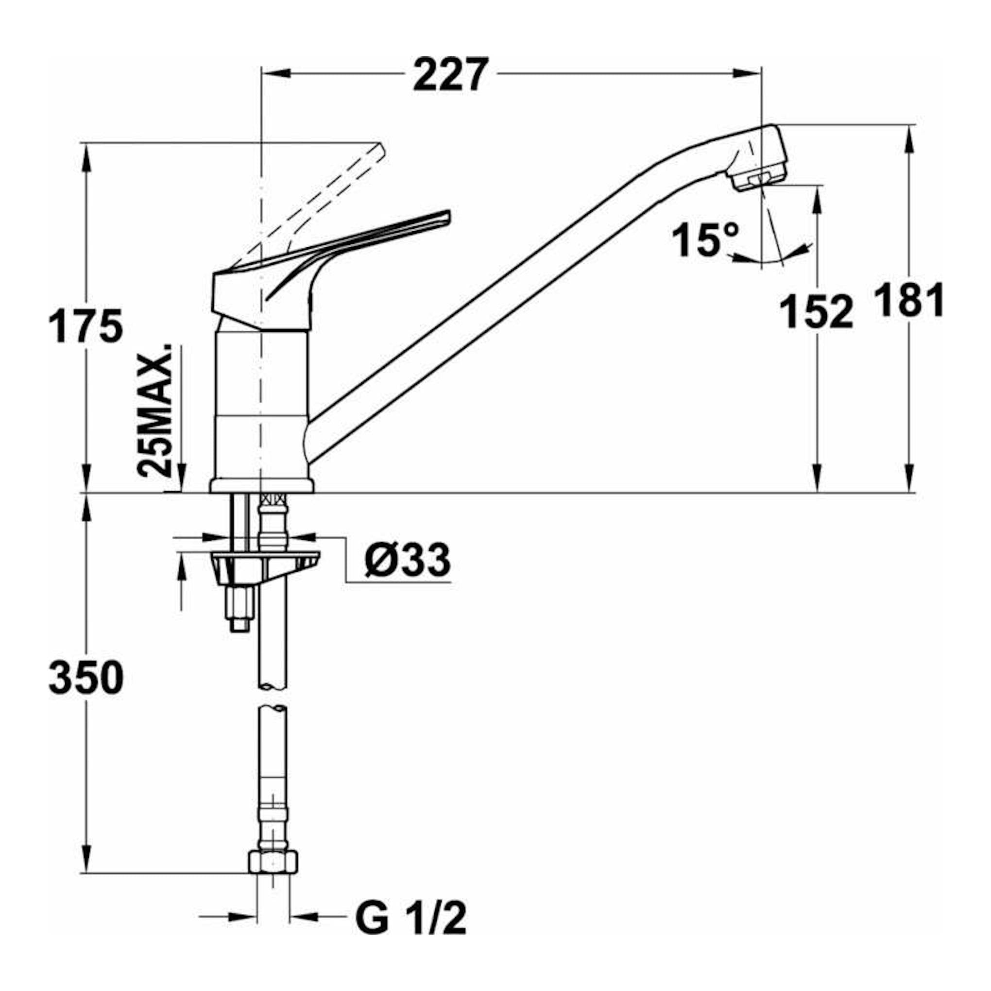 Grifo Teka MTP913 en vista lateral, dibujo técnico en blanco y negro con medidas y conexión G 1/2.