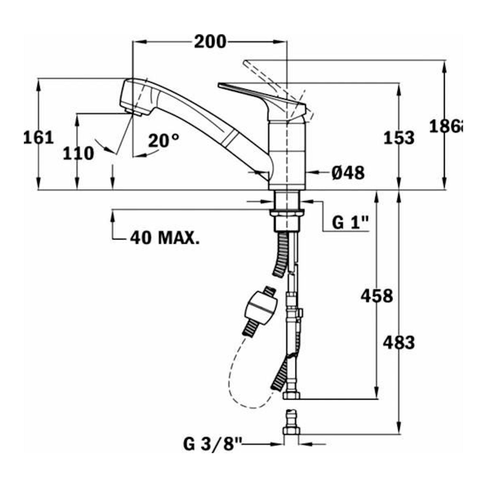 Dibujo técnico del grifo Teka MTP978D cromado, vista lateral con medidas y conexiones.
