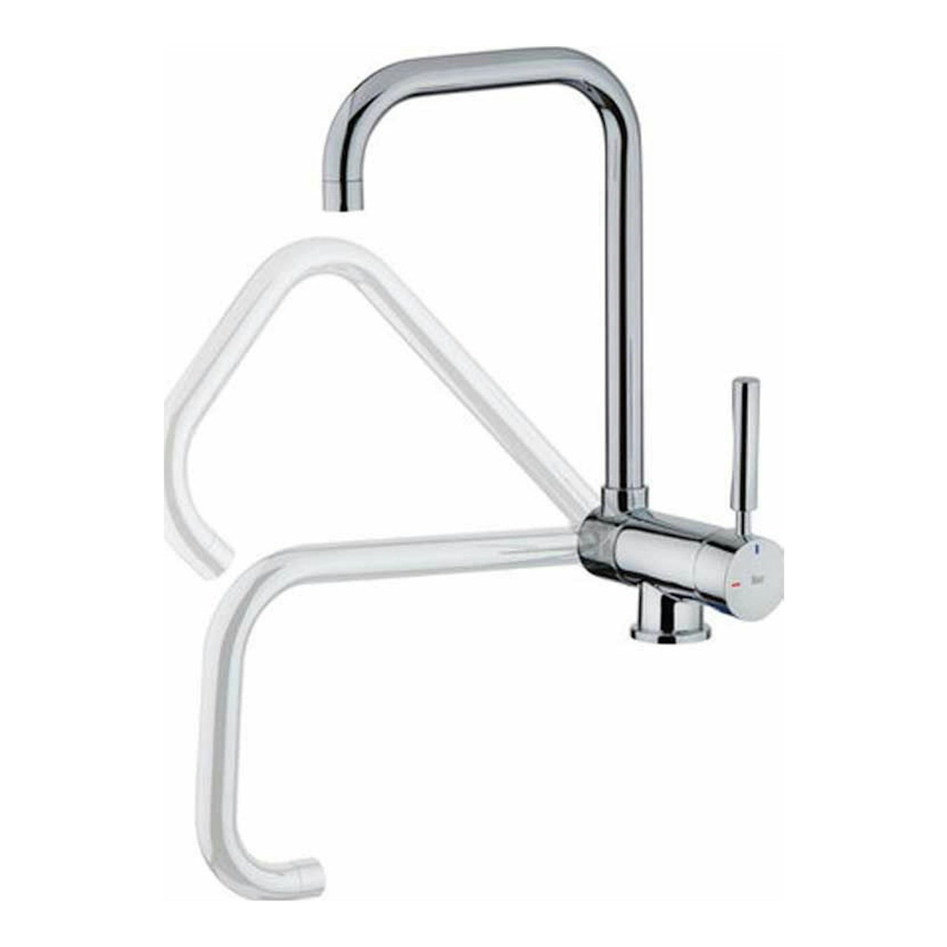 Grifo Teka MTP984 cromado, vista frontal en ángulo, con caño alto curvo y mando lateral.