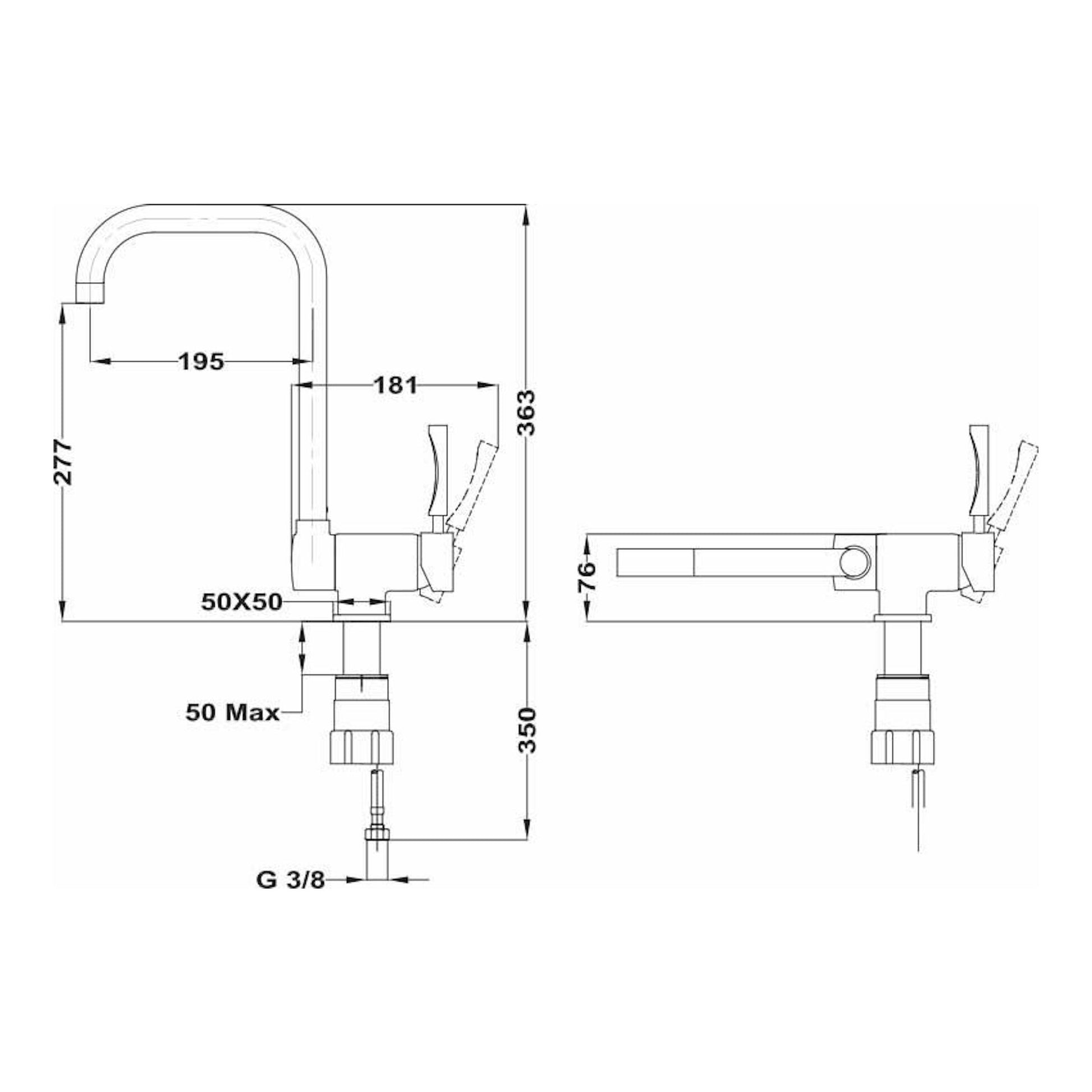 Grifo Teka MTP984 cromado, plano técnico en vistas frontal y lateral con medidas.