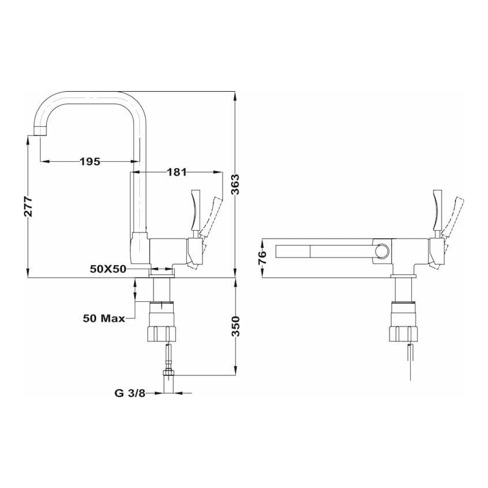 Grifo Teka MTP984 cromado, plano técnico en vistas frontal y lateral con medidas.