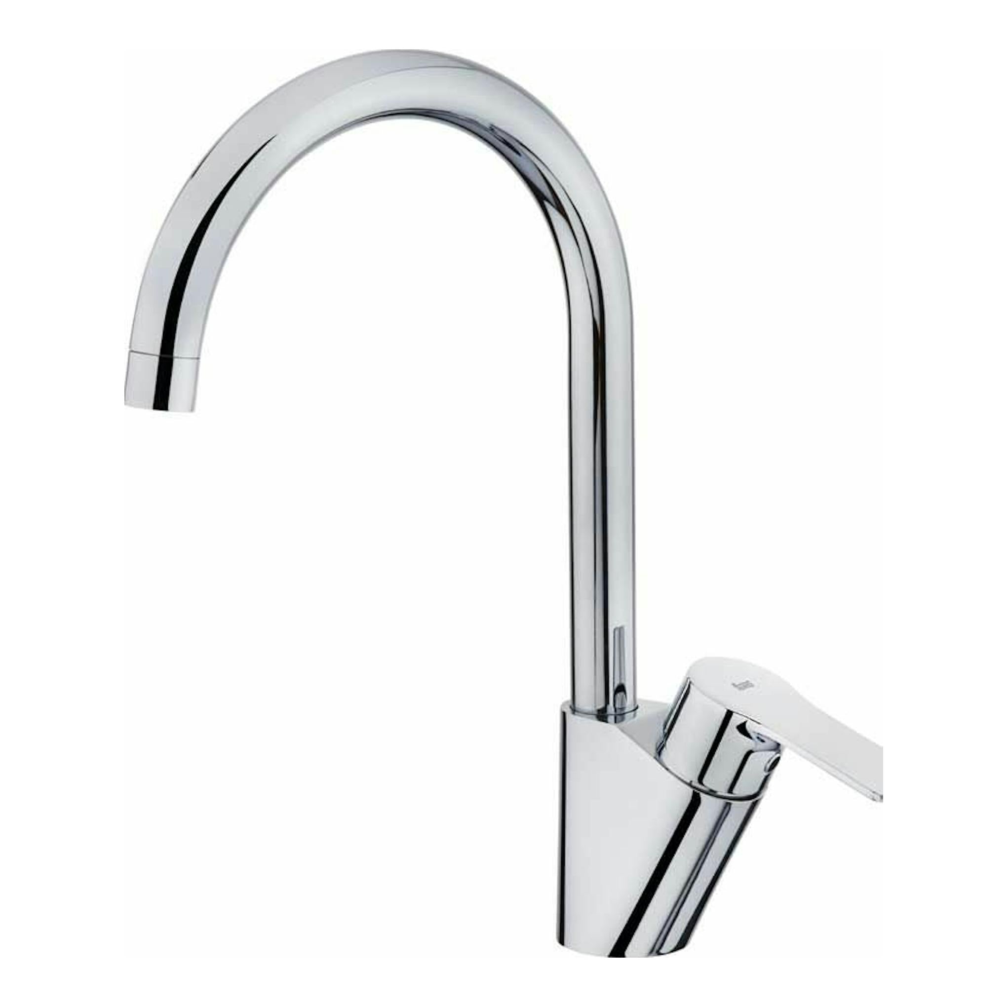Grifo Teka MTP995 cromado, vista frontal, con caño alto curvo y mando monomando.