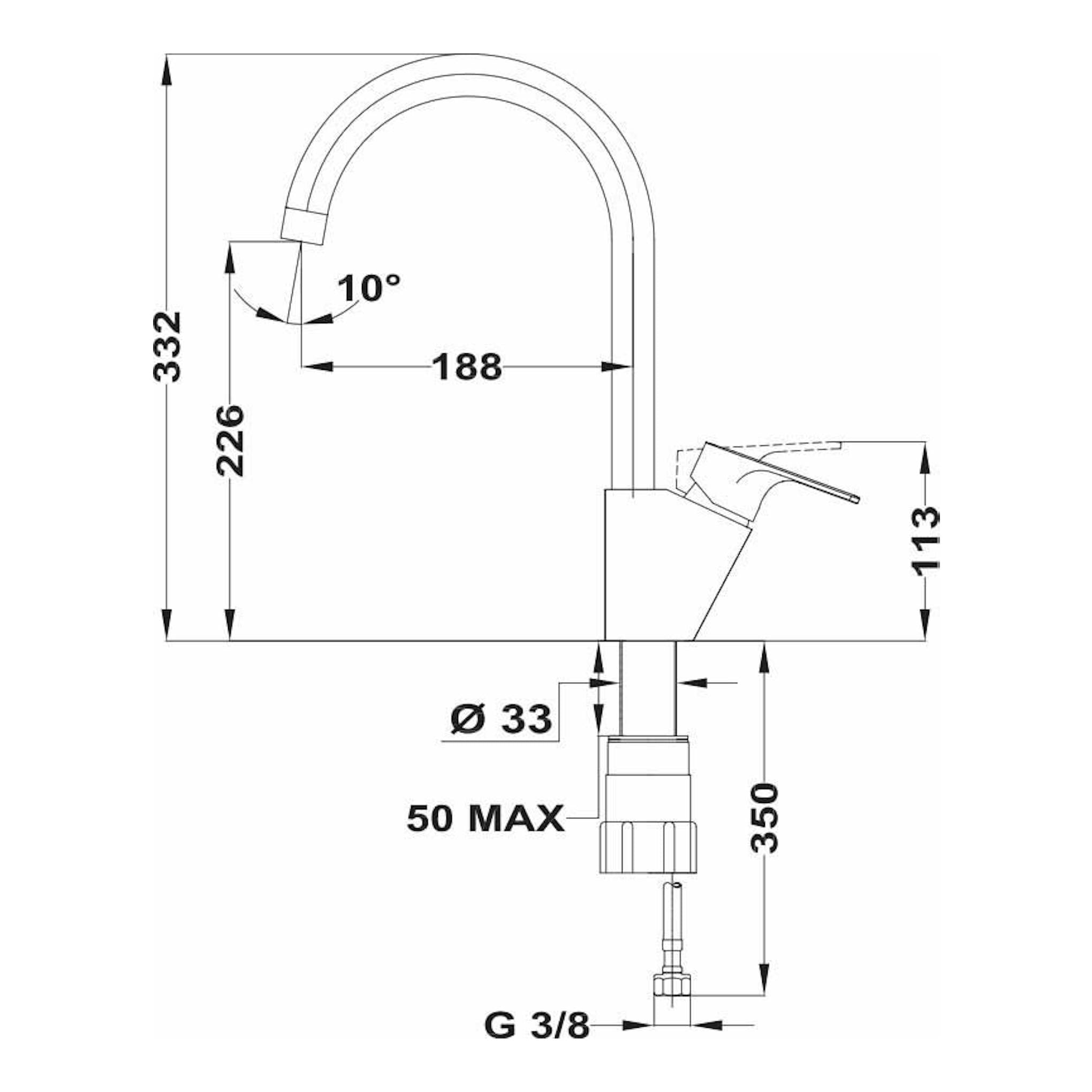 Grifo Teka MTP995 cromado, vista lateral en esquema técnico con medidas y caño alto curvo.