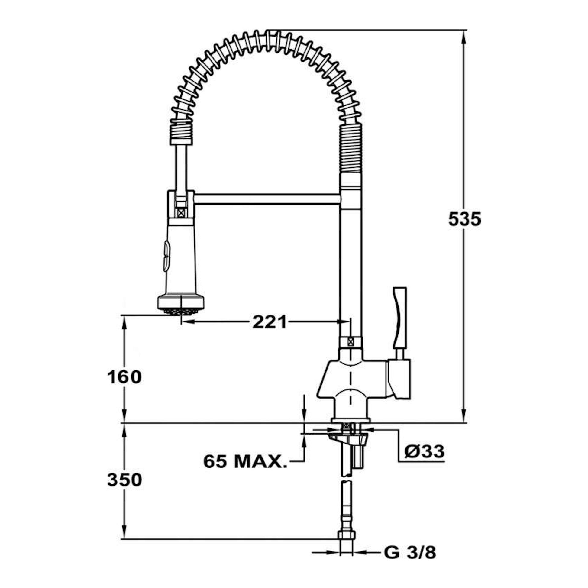 Grifo Teka MY1 cromado, dibujo técnico frontal con caño flexible y cotas en milímetros.
