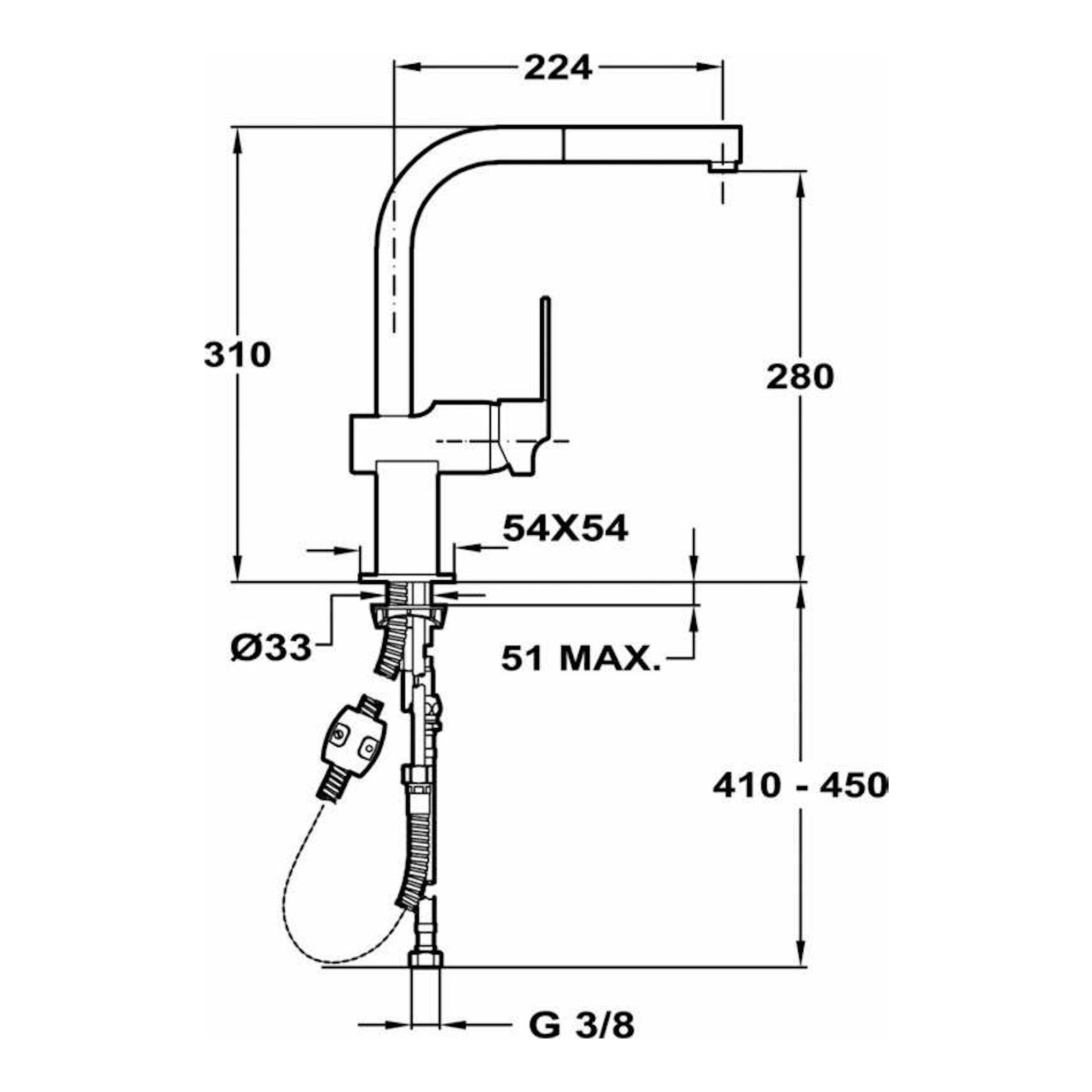 Grifo Teka MZ938 cromado, vista lateral en esquema técnico con medidas y conexión G 3/8.