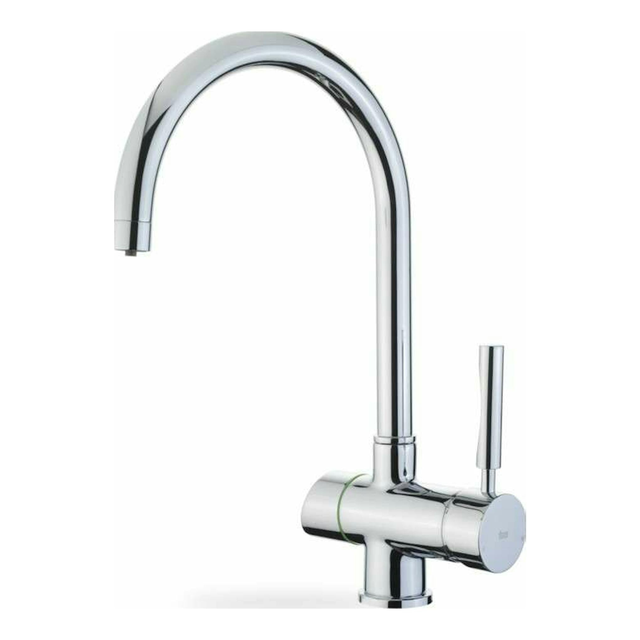Grifo Teka OS200 cromado, vista frontal en fondo blanco, con caño alto curvo y maneta lateral.