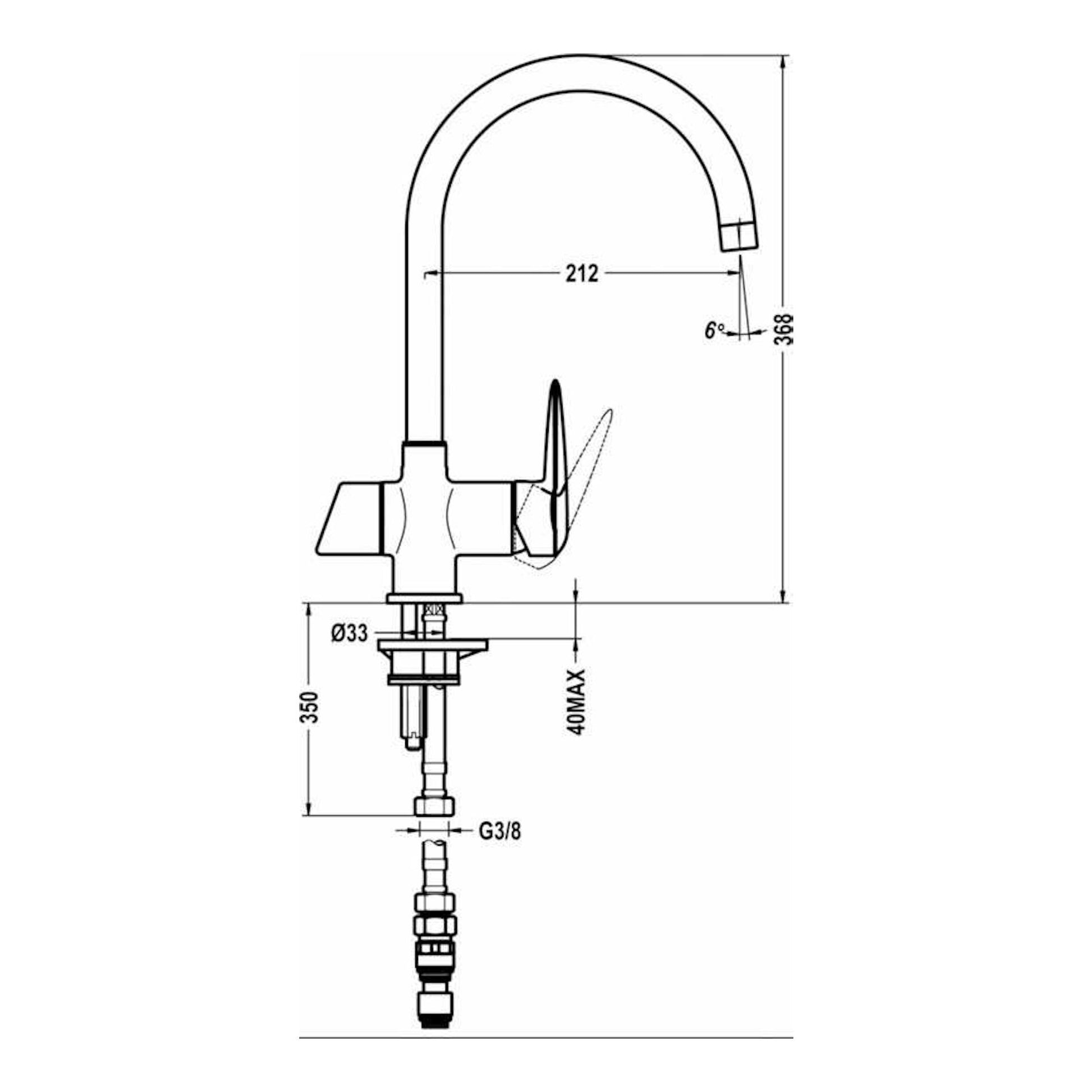 Grifo Teka OS200 cromado, vista frontal con caño alto curvo y esquema técnico con medidas.