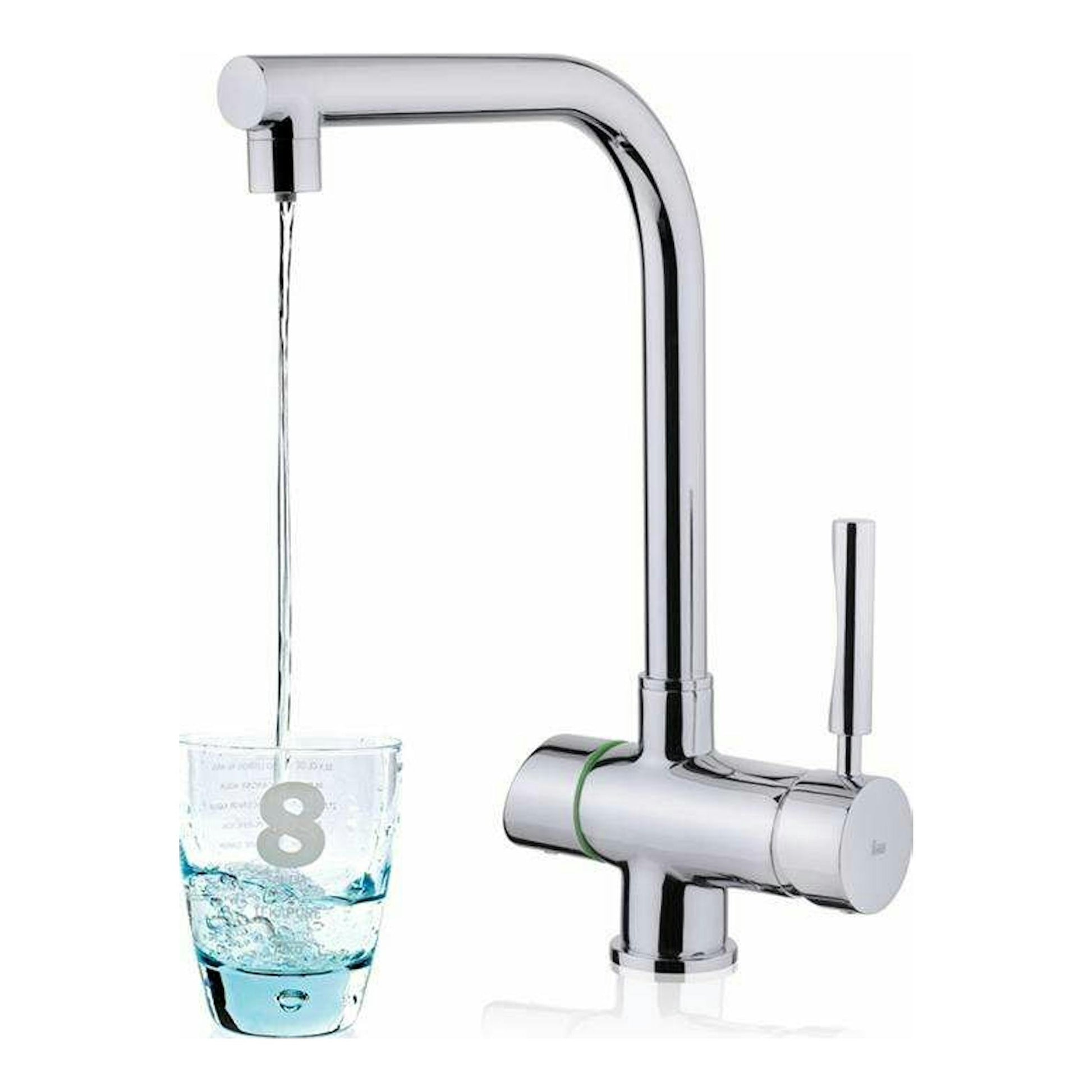 Grifo Teka OS206 cromado, vista frontal, con caño alto y agua saliendo hacia un vaso.