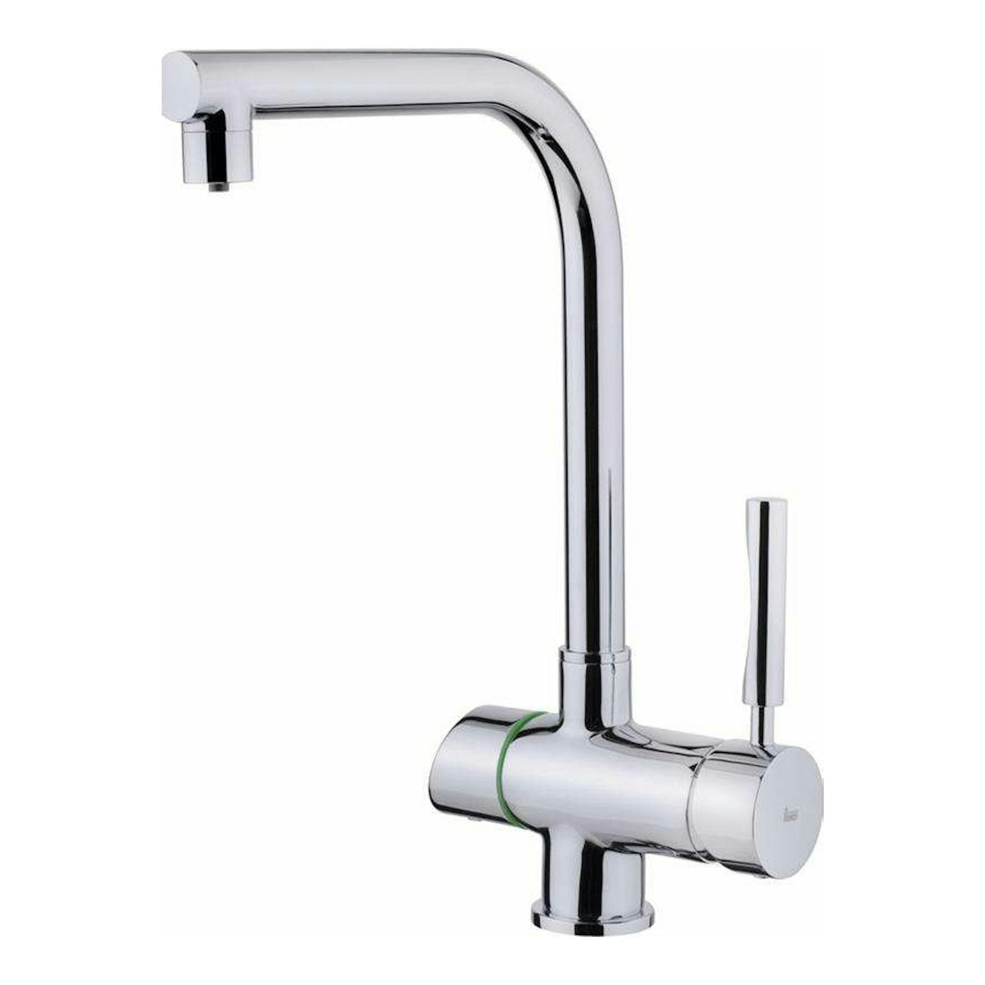 Grifo Teka OS206 cromado, vista frontal en ángulo, con caño alto curvo y maneta lateral, sobre fondo blanco.