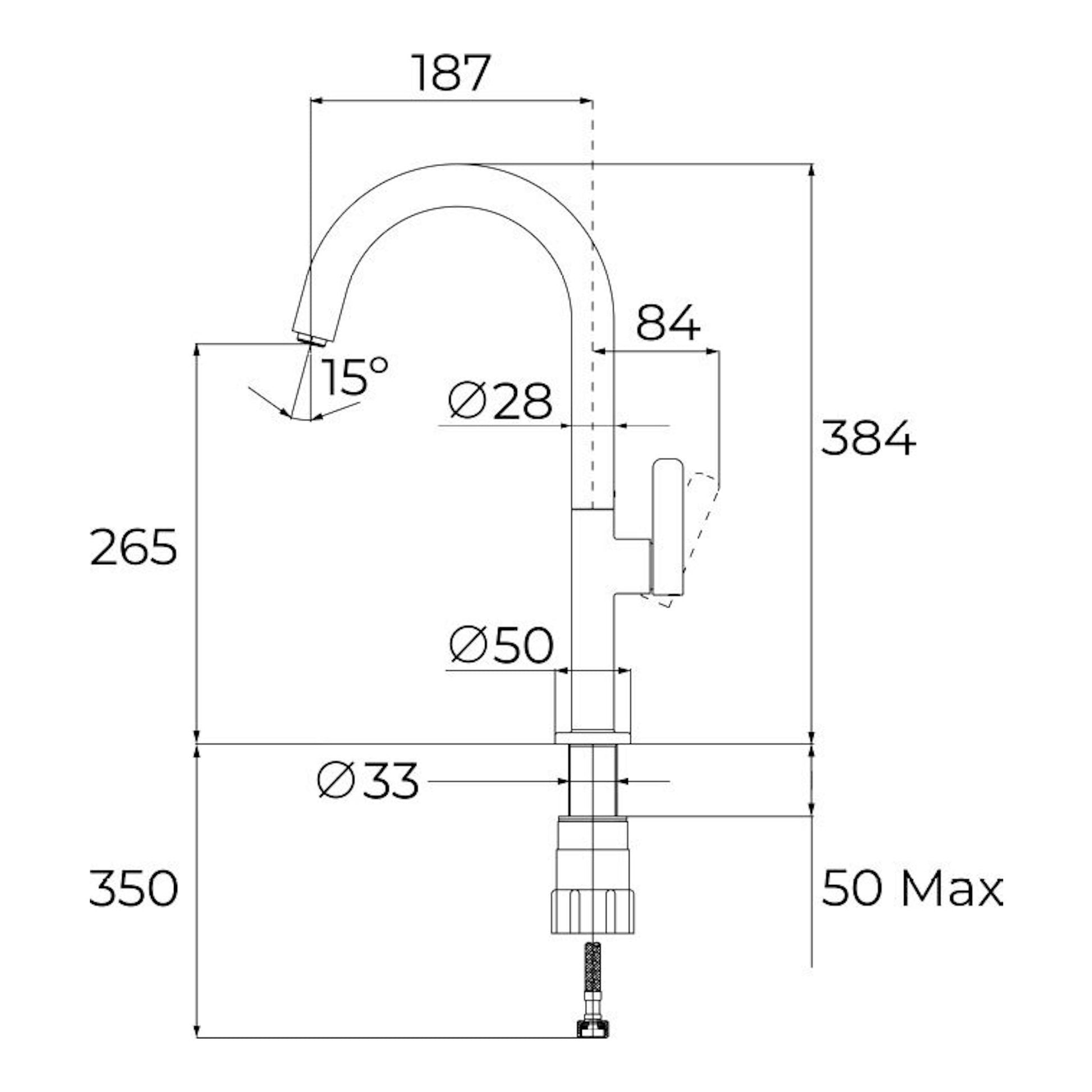 Grifo Teka OVAL 915, vista lateral, dibujo técnico en blanco y negro con medidas y caño curvo.