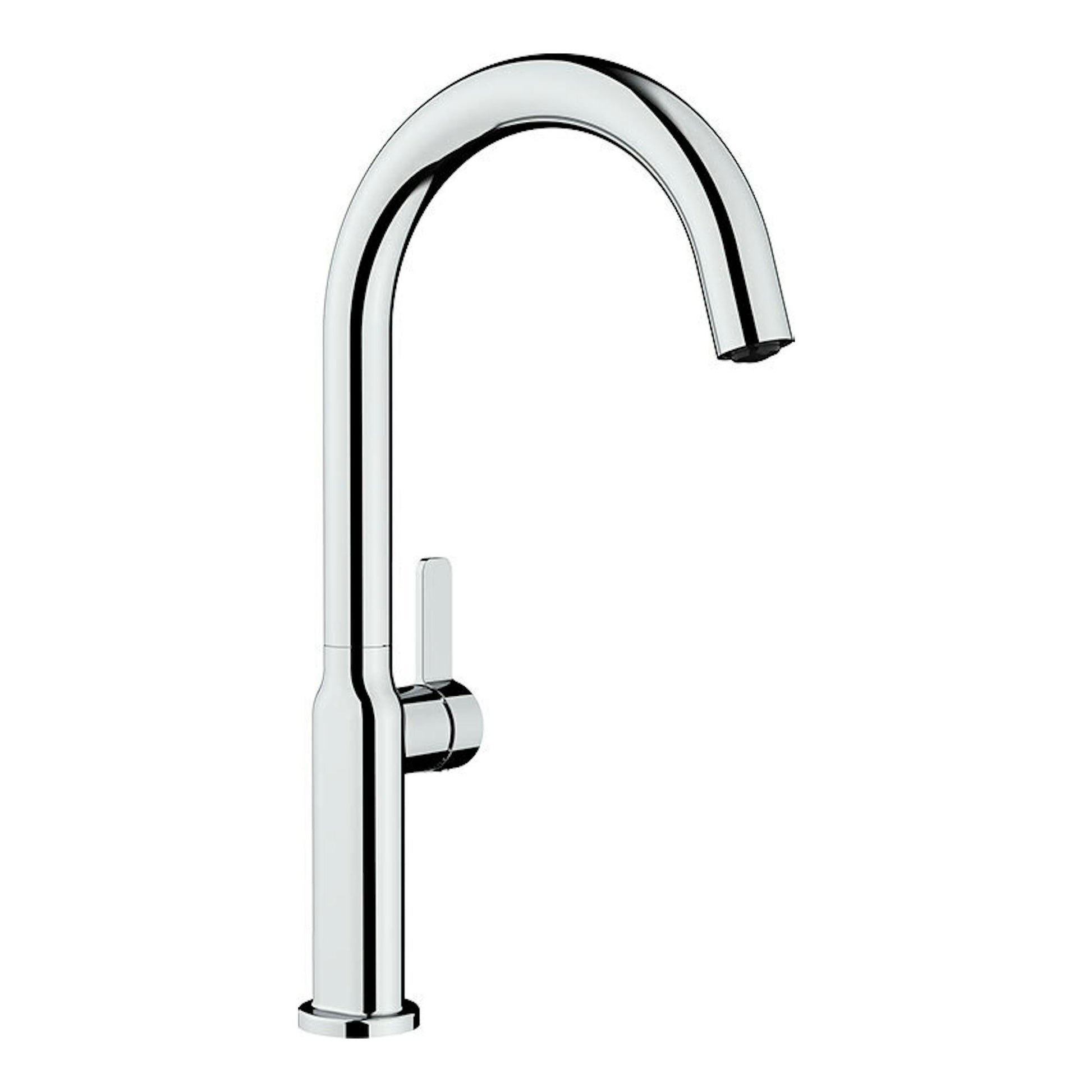 Grifo de cocina Teka OVAL 915 cromado, vista lateral, caño alto curvo en cromo.