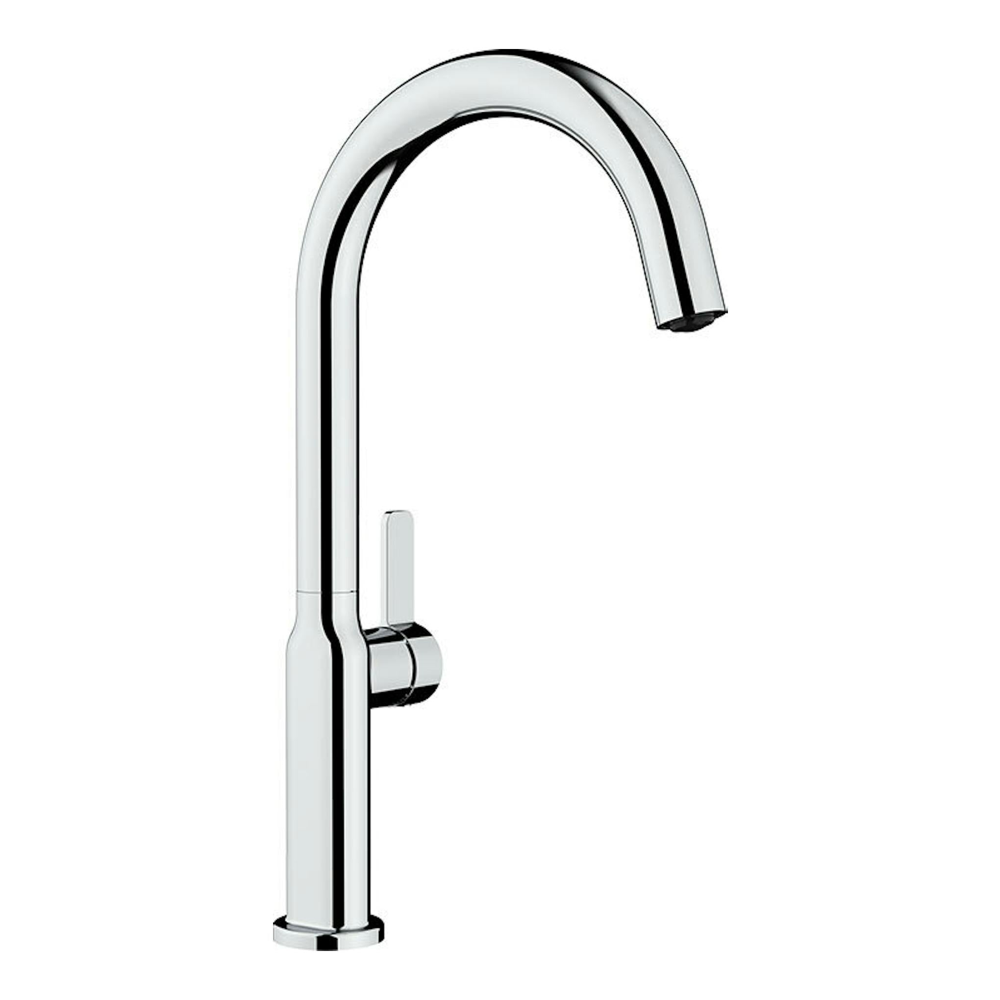 Grifo de cocina Teka OVAL 915 cromado, vista lateral, caño alto curvo en cromo.