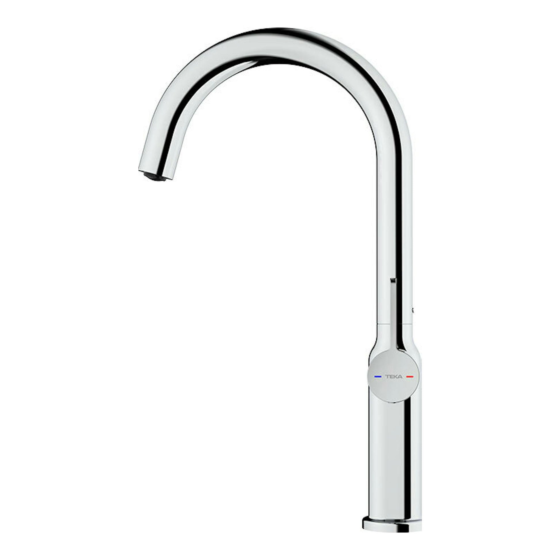 Grifo Teka OVAL 915 cromado, vista frontal de caño alto arqueado y mando lateral.