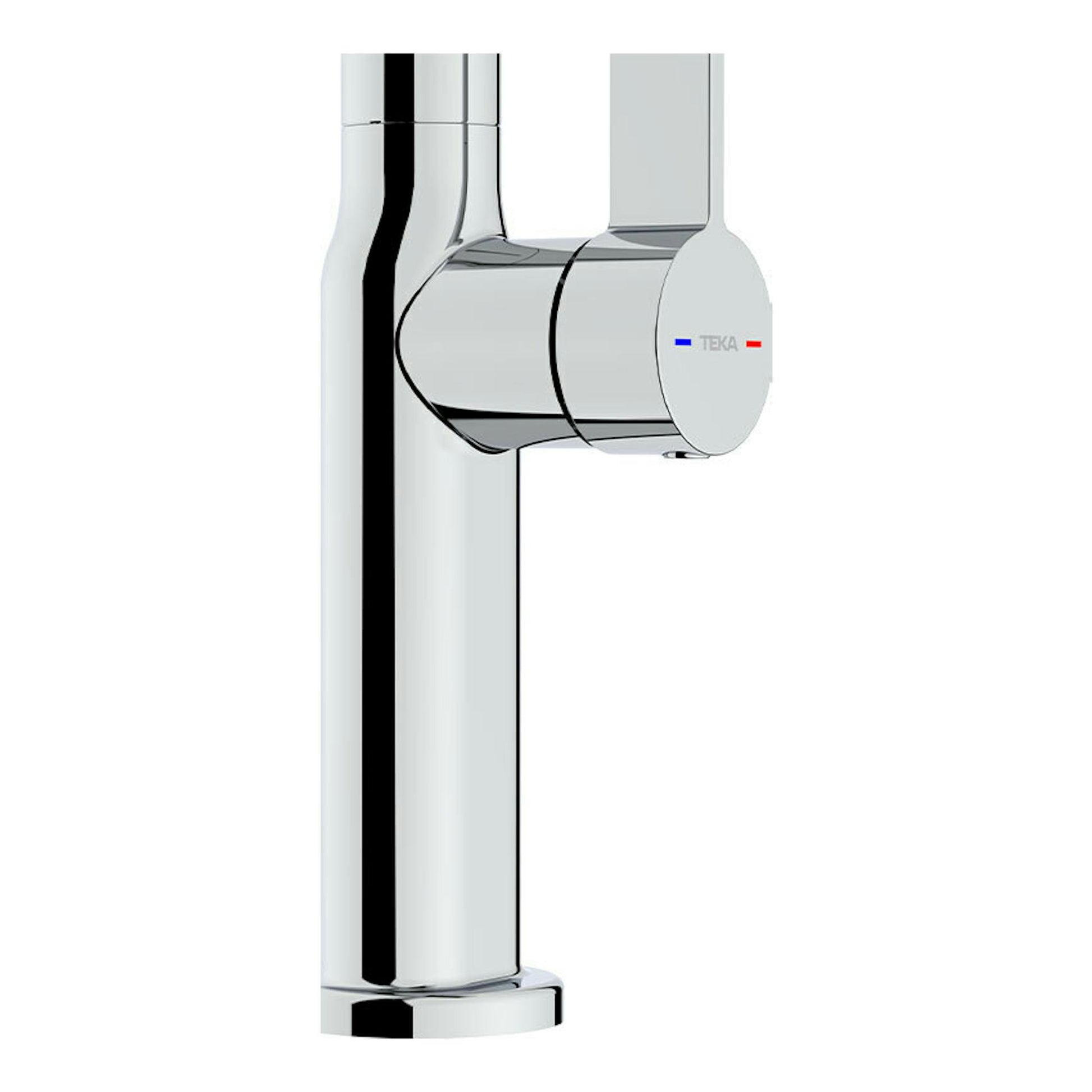 Grifo Teka OVAL 915 cromado, vista frontal parcial de cuerpo cilíndrico y mando lateral.