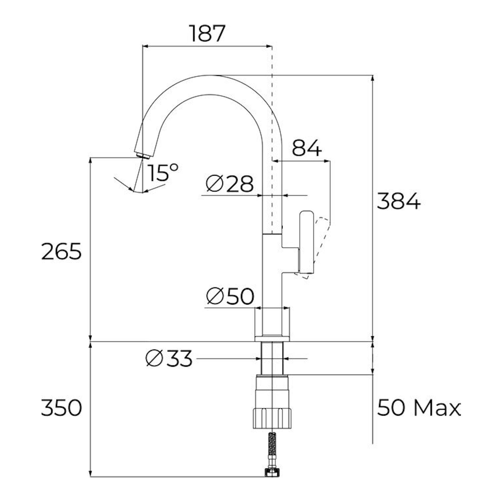 Grifo Teka OVAL 915 negro, vista frontal técnica con medidas y dimensiones del caño curvo.