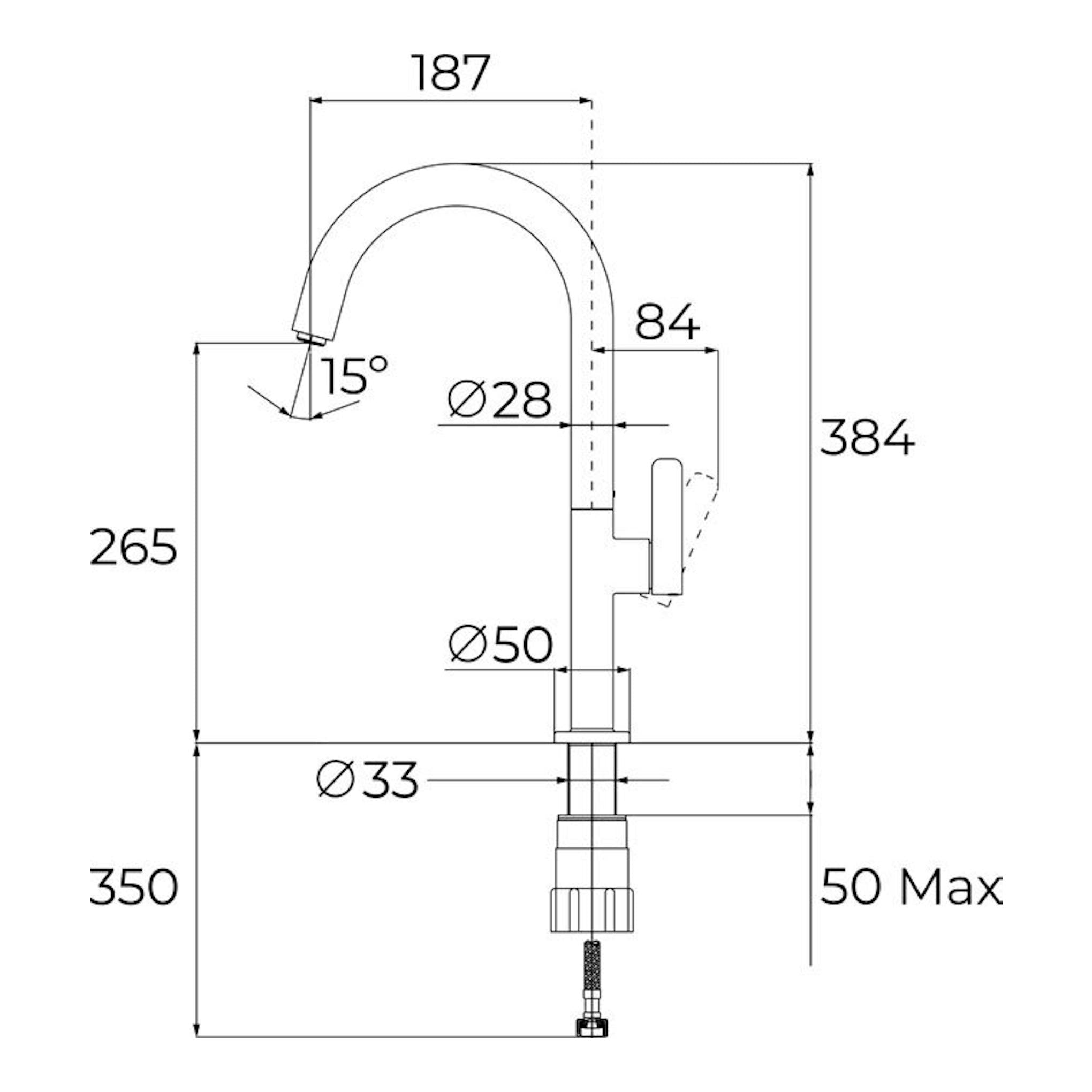 Grifo Teka OVAL 915 negro, vista frontal técnica con medidas y dimensiones del caño curvo.