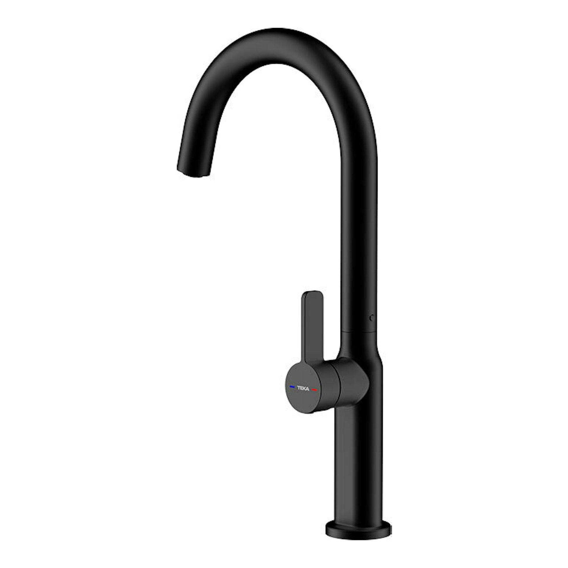 Grifo de cocina Teka OVAL 915 negro, vista frontal, caño alto curvo y mando lateral.