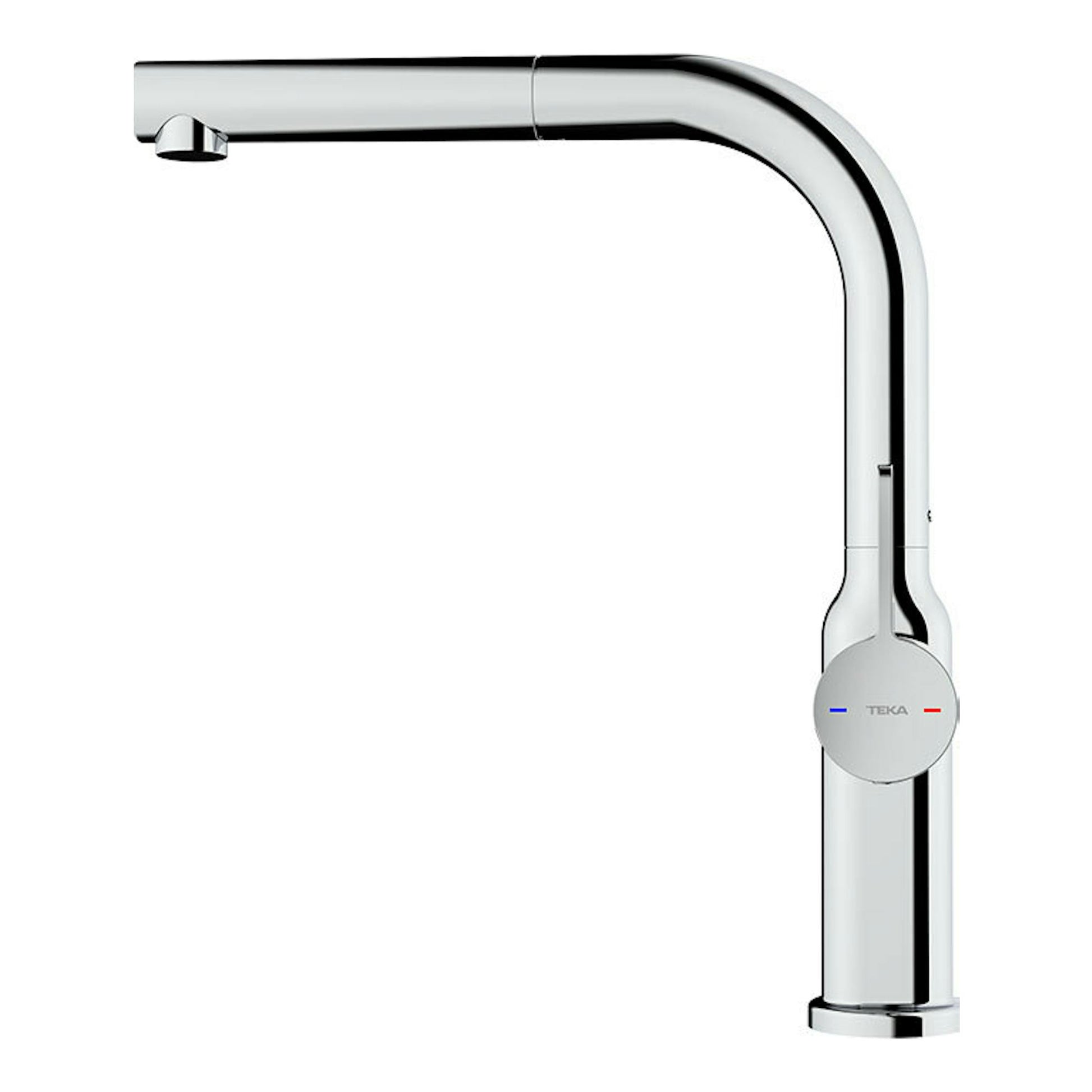 Grifo de cocina Teka OVAL 938 cromado, vista lateral, caño alto en codo y mando circular.