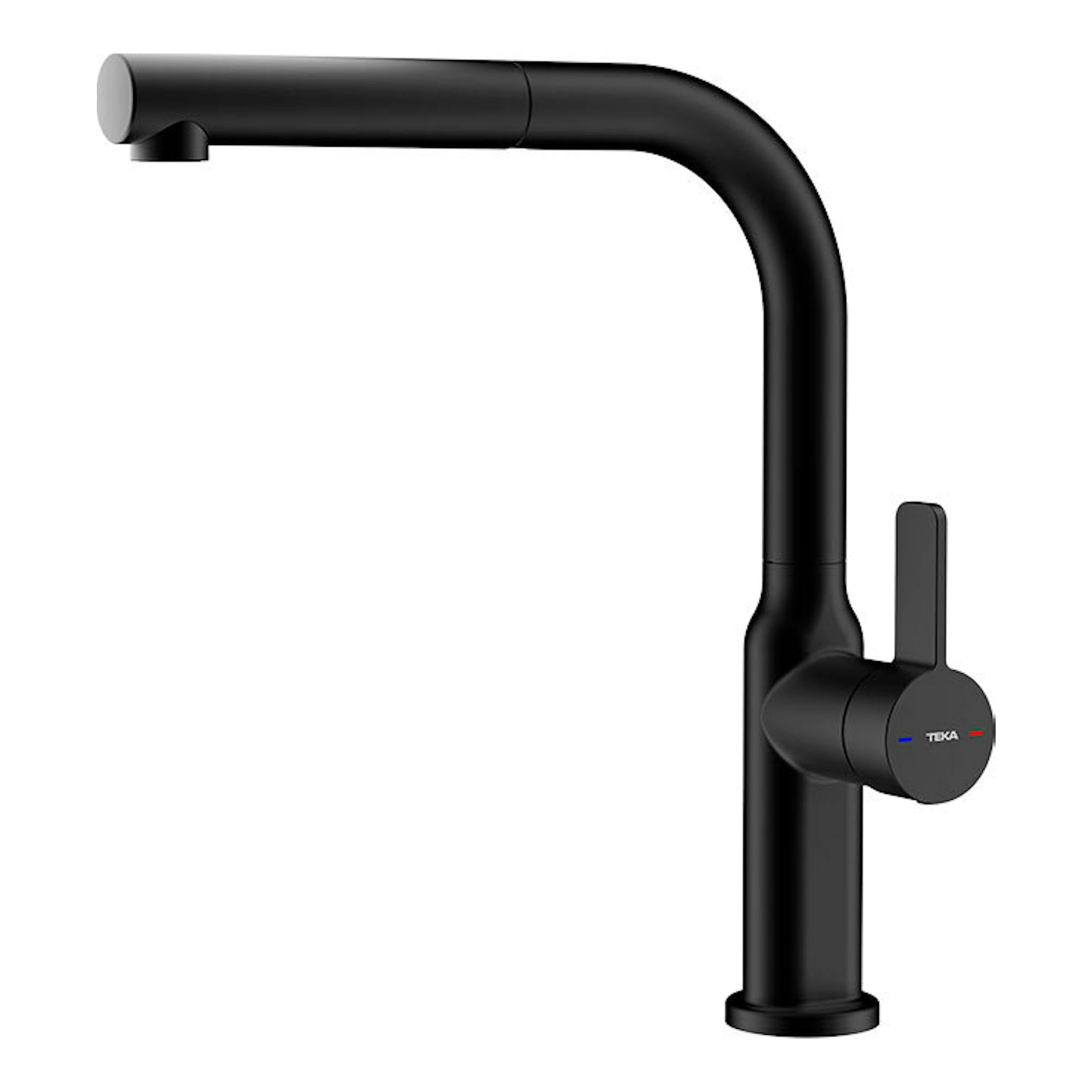 Grifo de cocina Teka OVAL 938 negro, vista lateral, monomando con caño alto curvado.