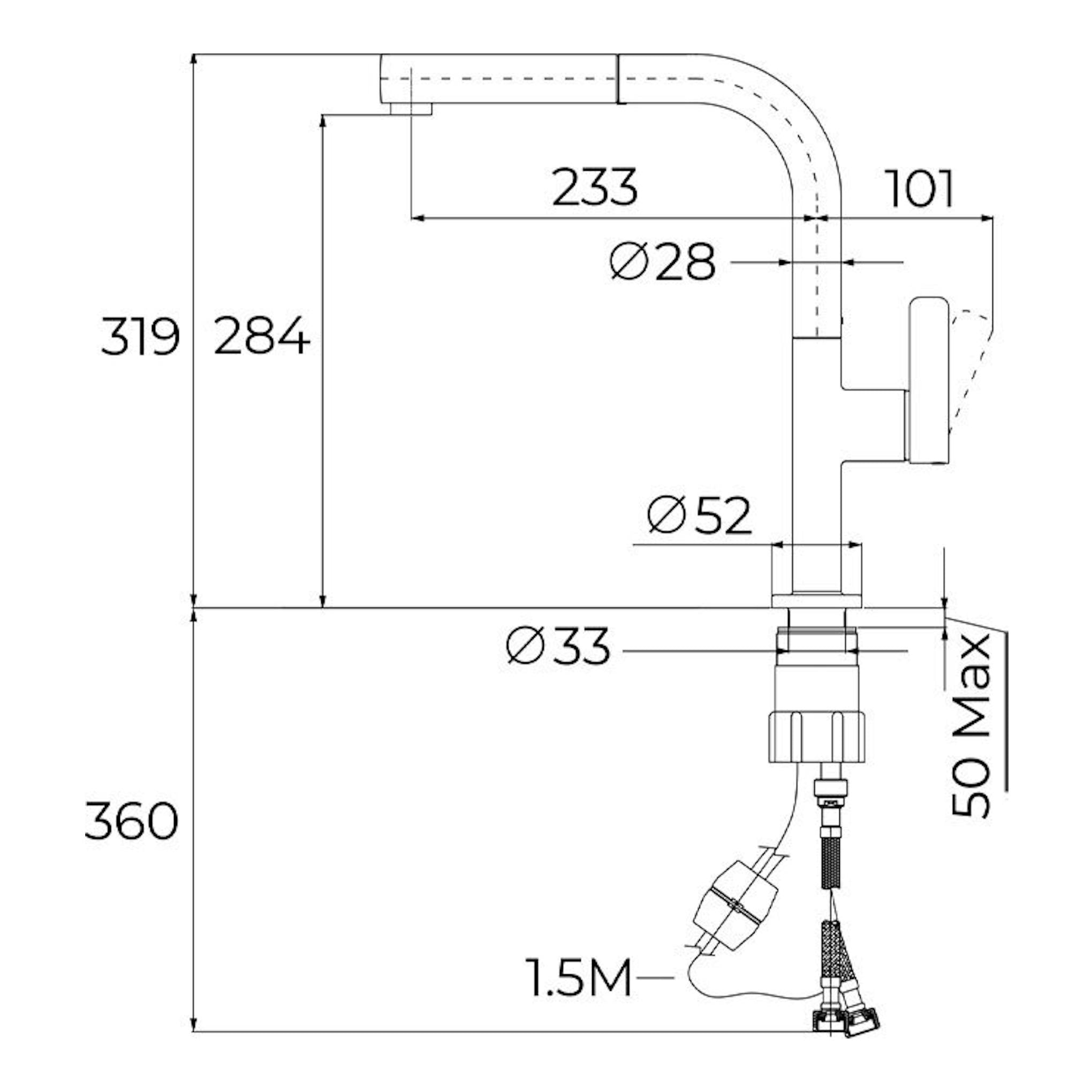 Plano técnico del grifo Teka OVAL 938 negro, vista lateral, con medidas y conexión inferior.