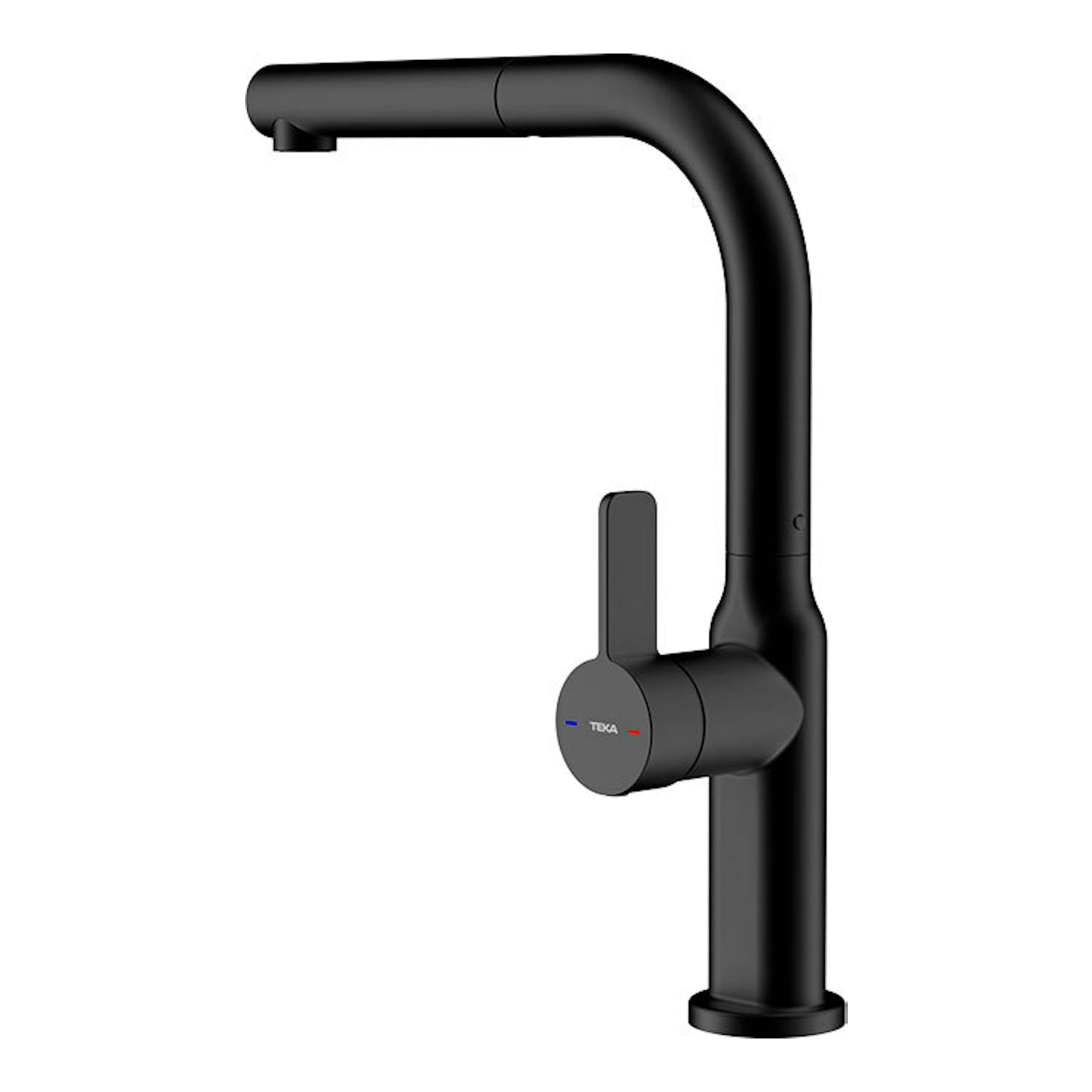 Grifo de cocina Teka OVAL 938 negro, vista lateral, con caño alto curvado y maneta frontal.