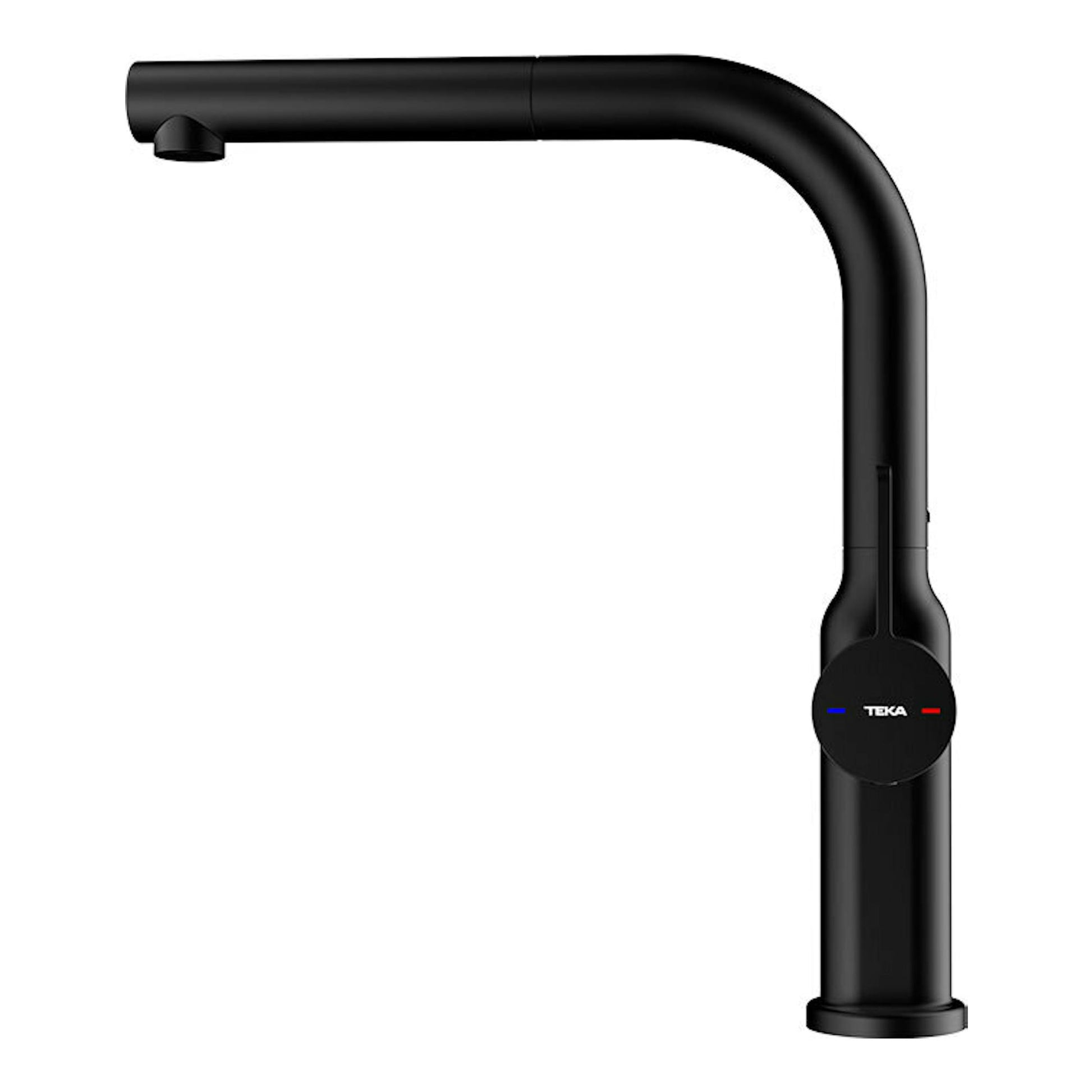 Grifo de cocina Teka OVAL 938 negro, vista frontal, caño alto en L y mando circular.