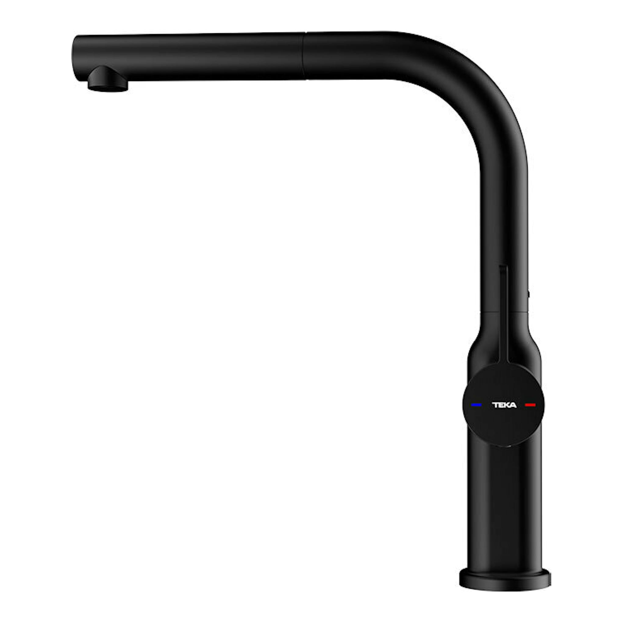 Grifo de cocina Teka OVAL 938 negro, vista frontal, caño alto en L y mando circular.